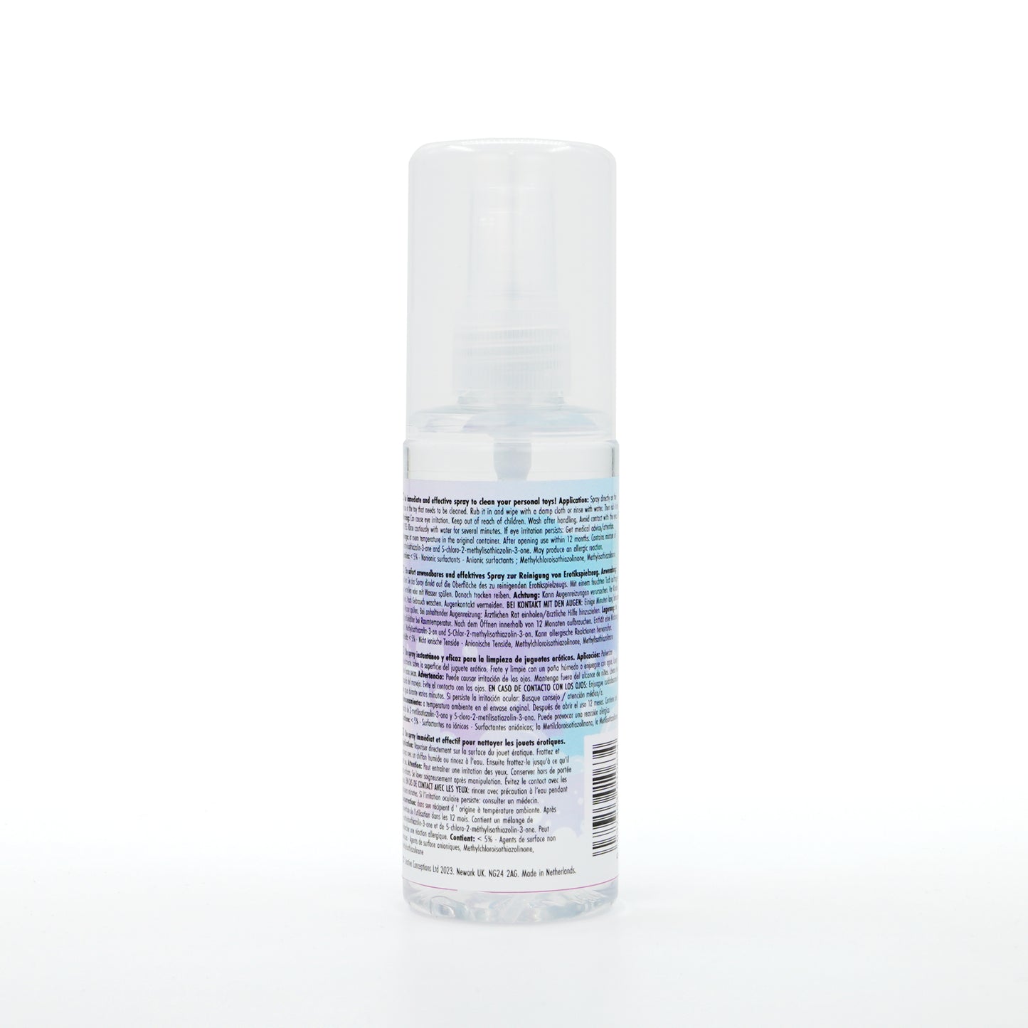 Back of the Unihorn Toy Cleaner bottle on a white background