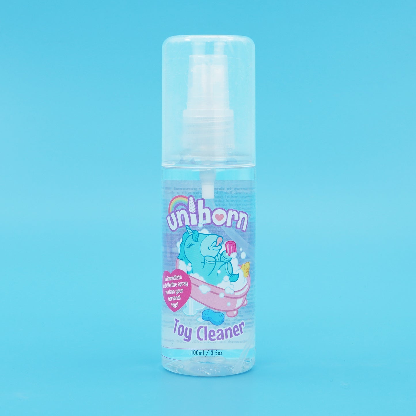 Unihorn Toy Cleaner stood on a bright blue background
