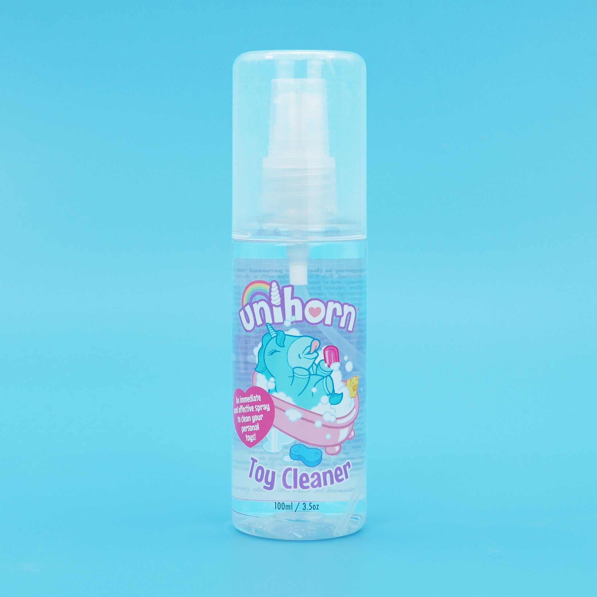 Unihorn Toy Cleaner stood on a bright blue background