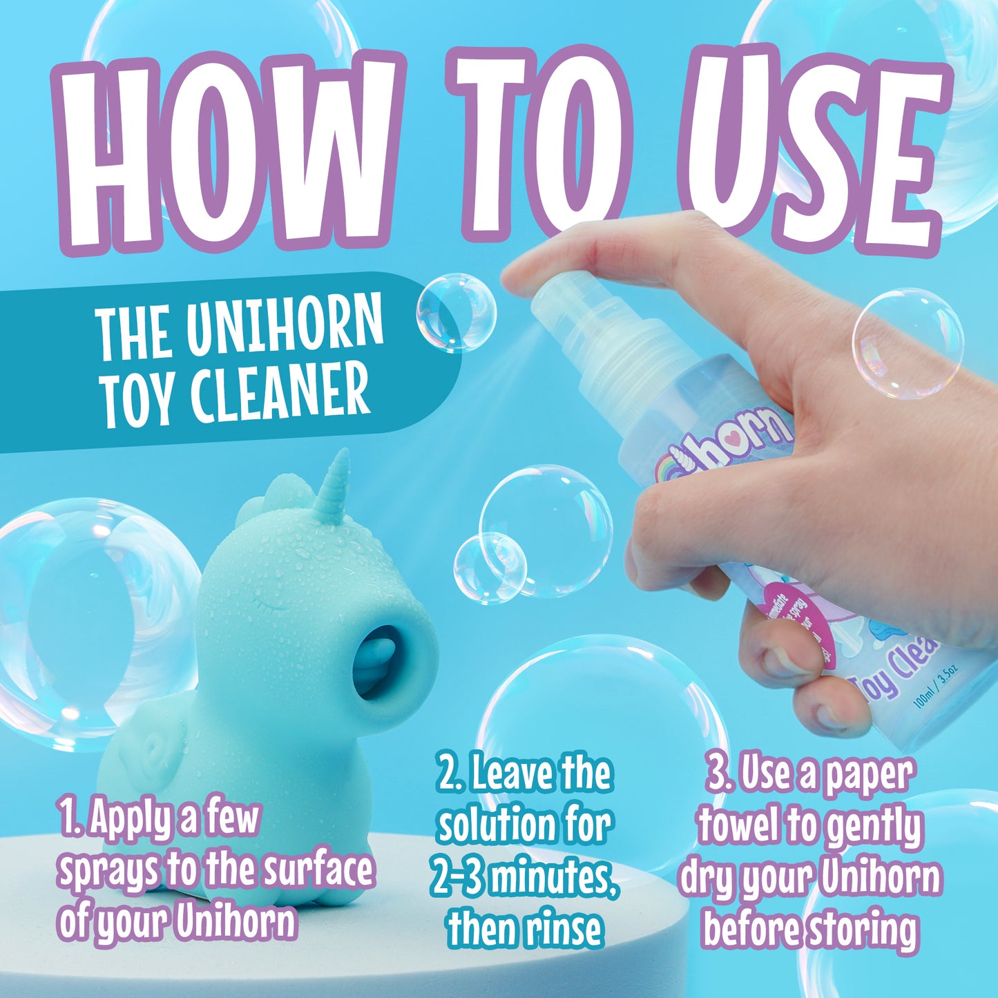 "How to Use" graphic on the Unihorn Toy Cleaner. A blue background with bubbles and title stating "How To Use", below this a hand spraying the Unihorn Toy Cleaner onto a Mount N' Peak Unihorn. At the bottom of the graphic are 3 steps, 1. Apply a few sprays to the surface of your Unihorn, 2. Leave the solution for 2-3 minutes, then rinse, 3. Use a paper towel to gently dry your Unihorn before storing