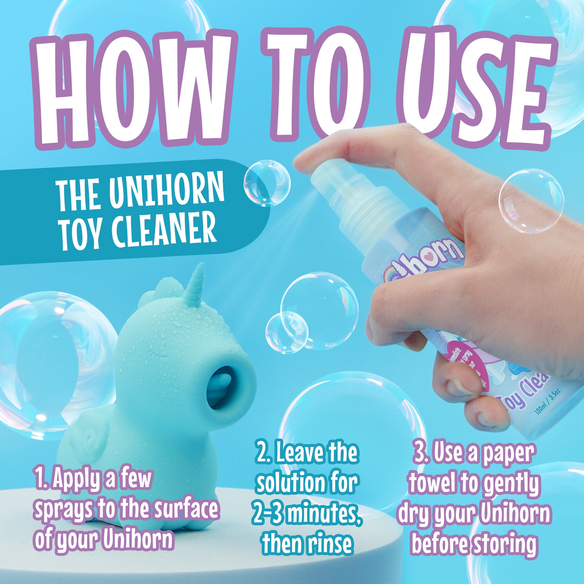 "How to Use" graphic on the Unihorn Toy Cleaner.  A blue background with bubbles and title stating "How To Use", below this a hand spraying the Unihorn Toy Cleaner onto a Mount N' Peak Unihorn. At the bottom of the graphic are 3 steps, 1. Apply a few sprays to the surface of your Unihorn, 2. Leave the solution for 2-3 minutes, then rinse, 3. Use a paper towel to gently dry your Unihorn before storing