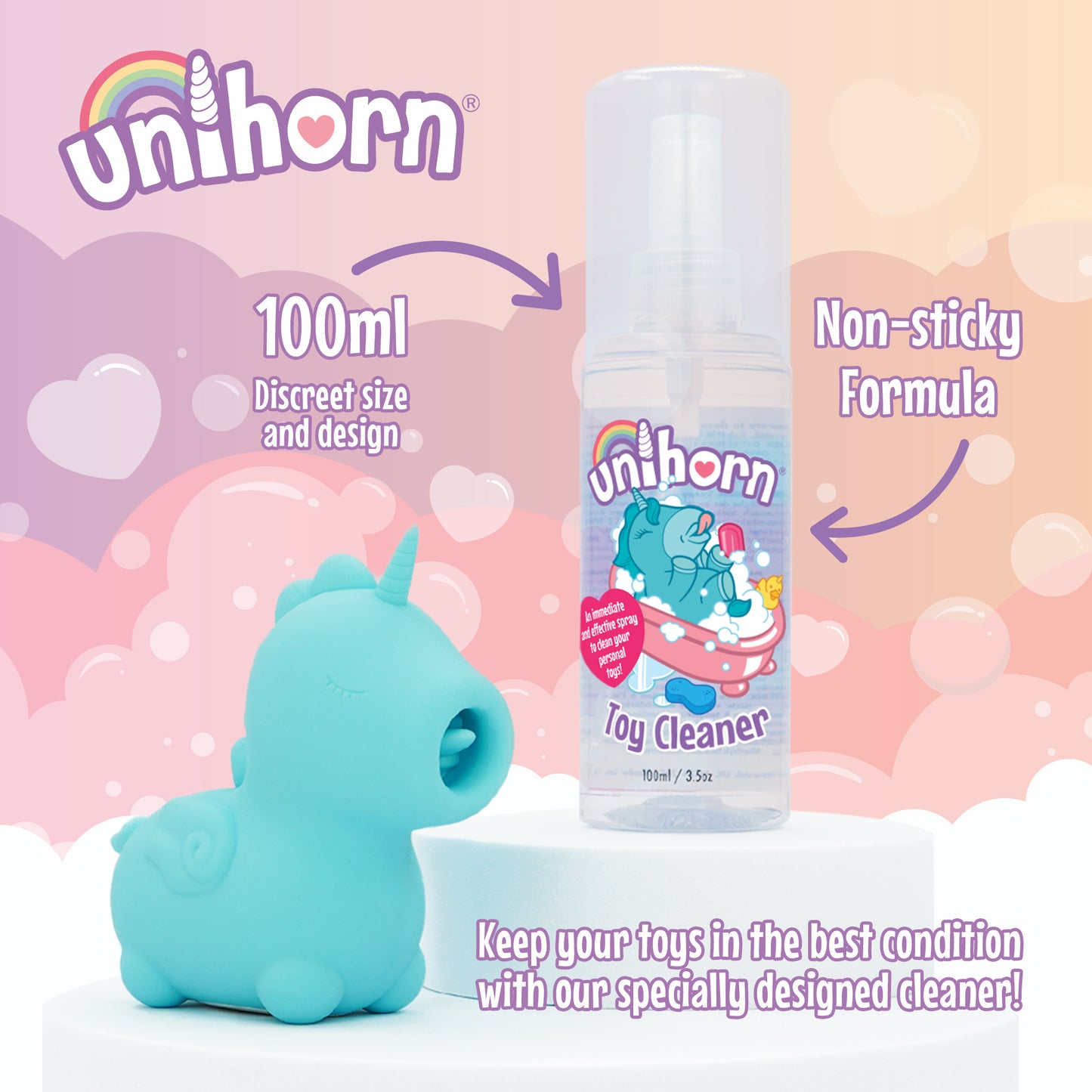Mount N' Peak stood in front of the Unihorn Toy Cleaner on a pink cloudy background. 2 Arrows point to the Unihorn Toy Cleaner bottle with the text "100ml Discreet size and design" and "Non-sticky Formula" . The Unihorn logo in the top left-hand corner.