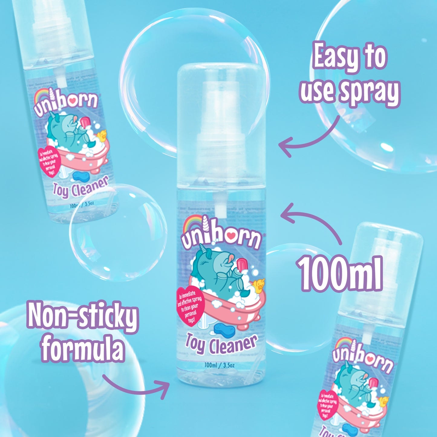 3 bottles of Unihorn Toy Cleaner, one on the top left, one in the middle, and one bottom right, on blue background with bubbles. 3 arrows point to the middle bottle with 3 labels "Easy to use spray", "Non-sticky formula", "100ml"
