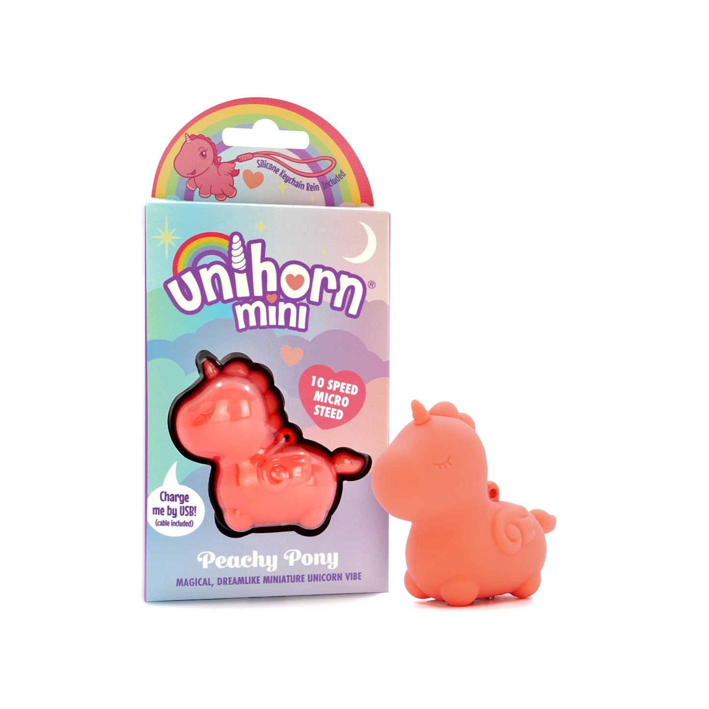 Peachy Pony stood next to the Peachy Pony in the packaging on a white background