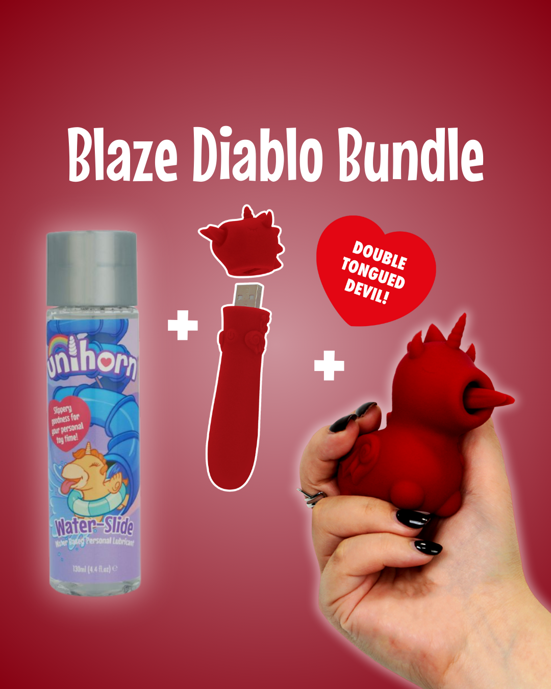 Blaze Diablo Unihorn vibrator bundle poster containing Unihorn lube, Blaze Diablo USB, and Blaze Diablo OG Unihorn on a red background - red heart text "double tongued devil"