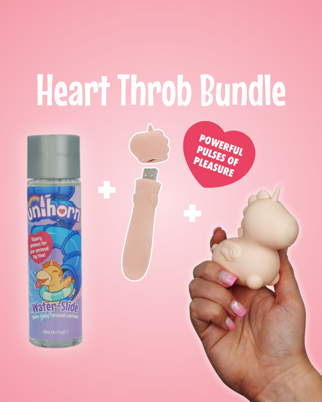 Heart Throb Unihorn vibrator bundle poster containing Unihorn lube, Heart Throb USB, and Heart Throb OG Unihorn on a pink background - red heart text "powerful pulses of pleasure"