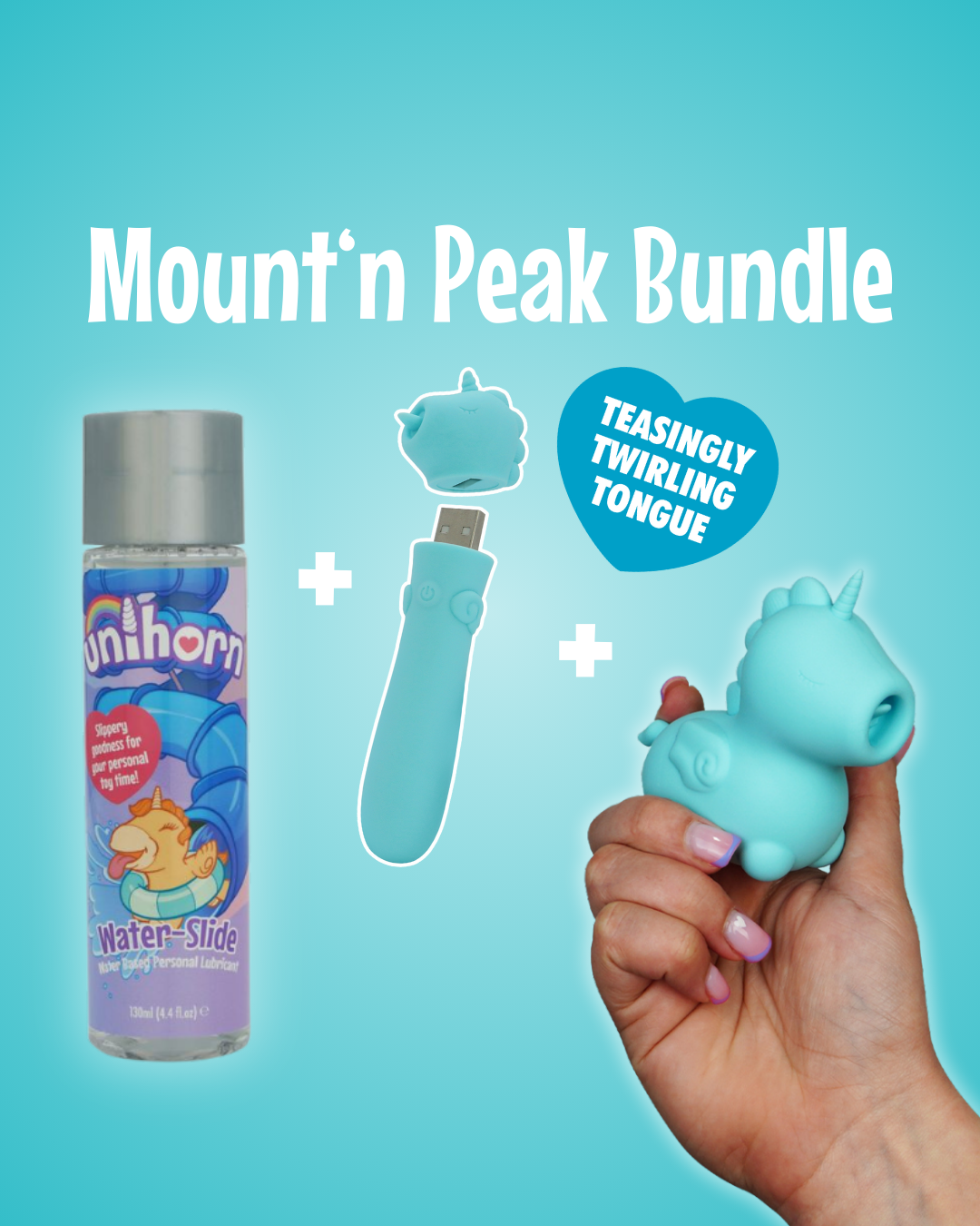Mount 'N Peak Unihorn vibrator bundle poster containing Unihorn lube, Mount 'N Peak USB, and Mount 'N Peak OG Unihorn on a blue background - blue heart text "teasingly twirling tongue"