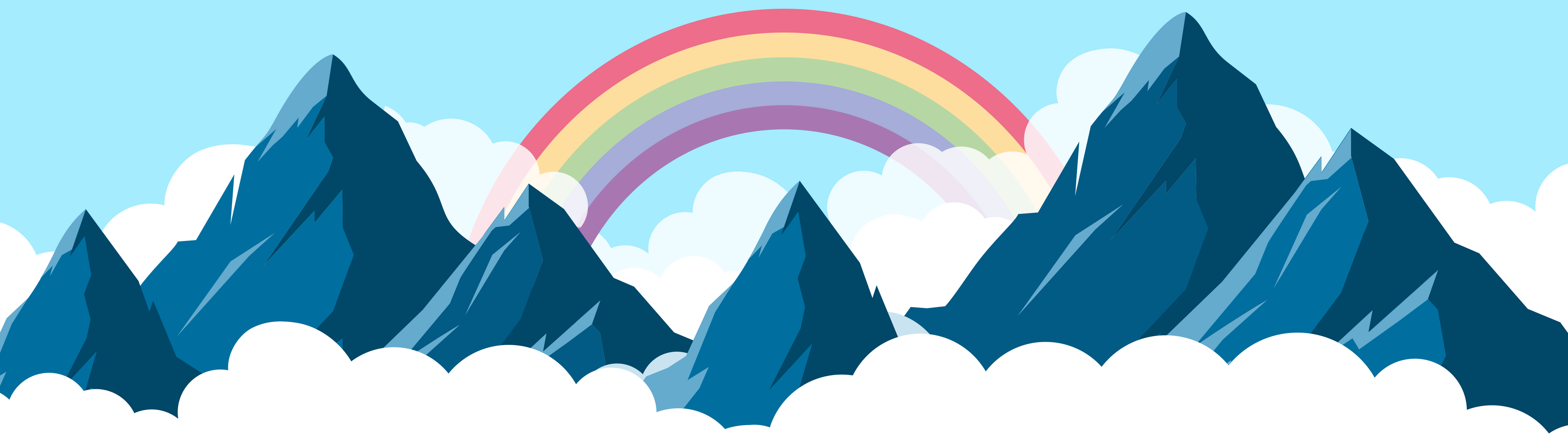 Unihorn banner with blue mountain range above clouds with a rainbow on a light blue background
