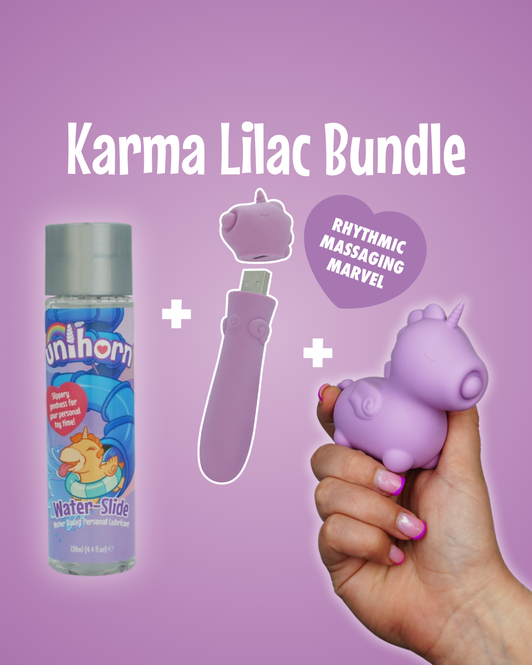 Karma Lilac Unihorn vibrator bundle poster containing Unihorn lube, Karma Lilac USB, and the Karma Lilac OG Unihorn on a lilac background - purple heart text "rhythmic massaging marvel"