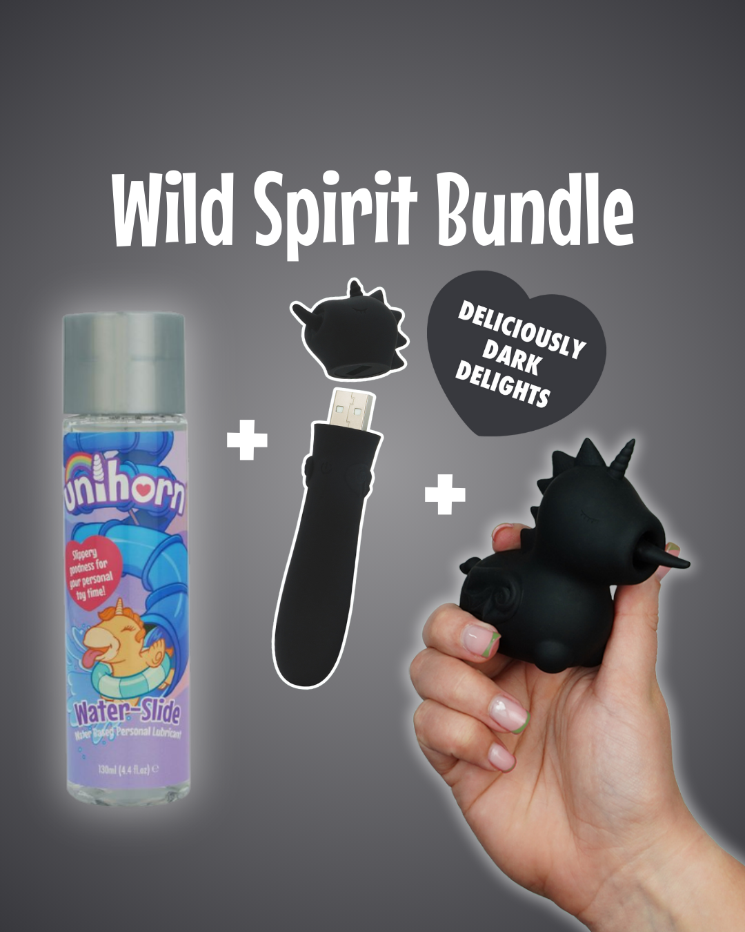 Wild Spirit Unihorn vibrator bundle poster containing Unihorn lube, Wild Spirit USB, and Wild Spirit OG Unihorn on a grey background - black heart text "deliciously dark delights"