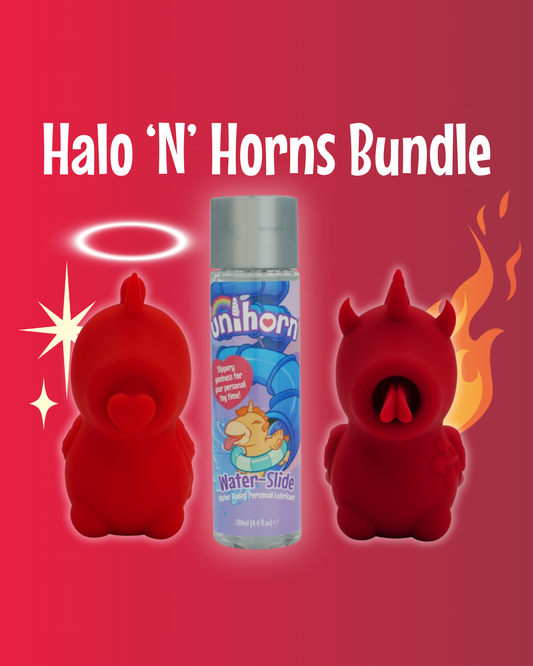 Red Halo 'N' Horns Bundle poster with Cupid's Beau OG Unihorn with a halo and sparkles on the left, Unihorn lube in the centre, and Blaze Diablo OG Unihorn with horns and fire on the right.