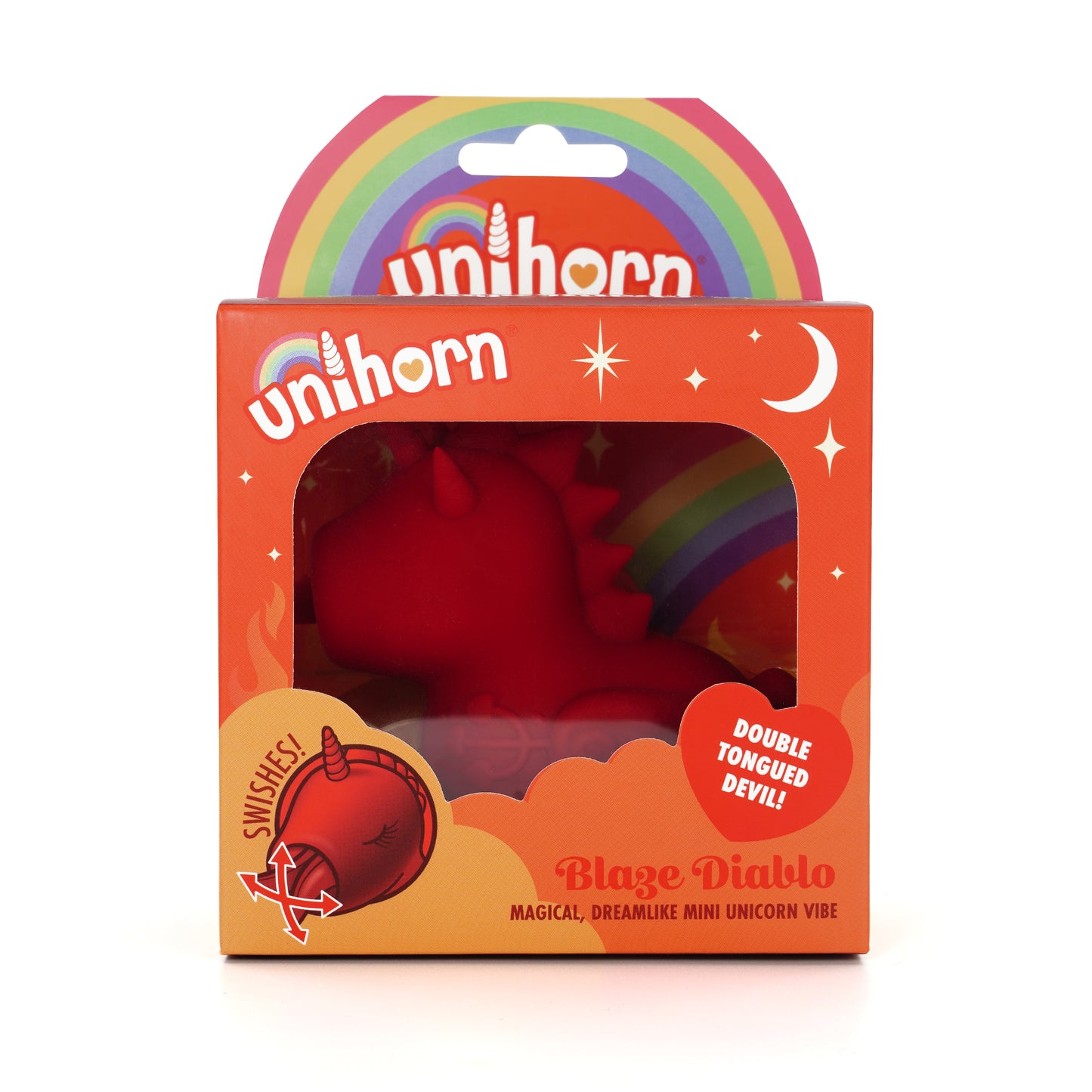 Blaze Diablo Unihorn vibrator in the box which has a rainbow hang tag on a white background