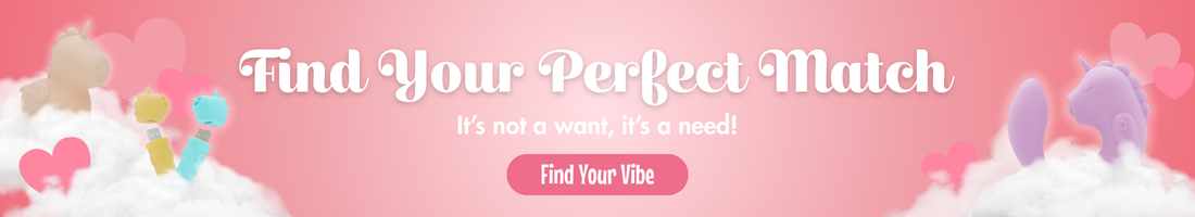 Promotional banner with various Unihorn vibrators, hearts, and a pink background, encouraging users to 'Find Your Perfect Match'.