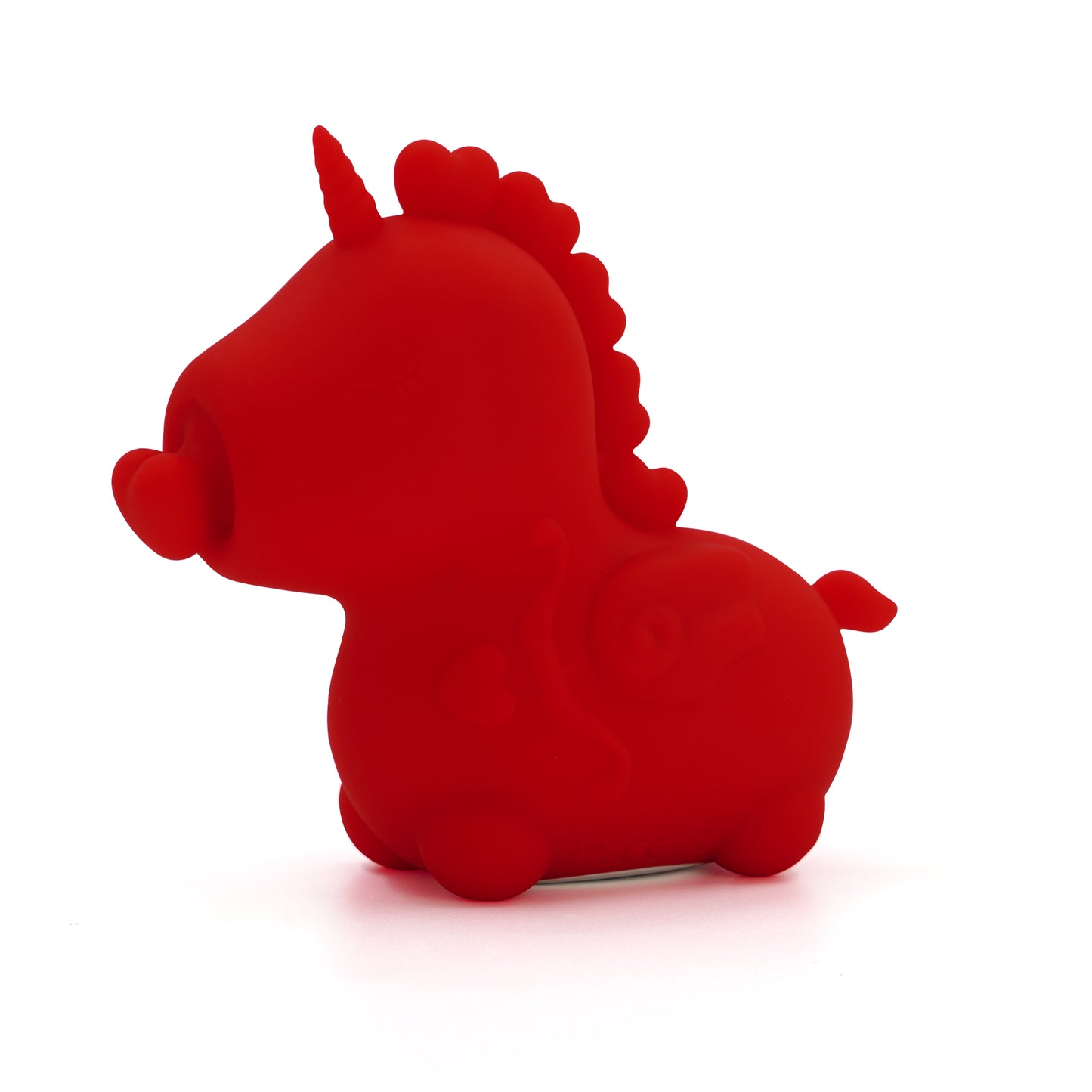 Bright red Cupid's Beau Unihorn clitoral vibrator, facing slightly to the left, on a white background