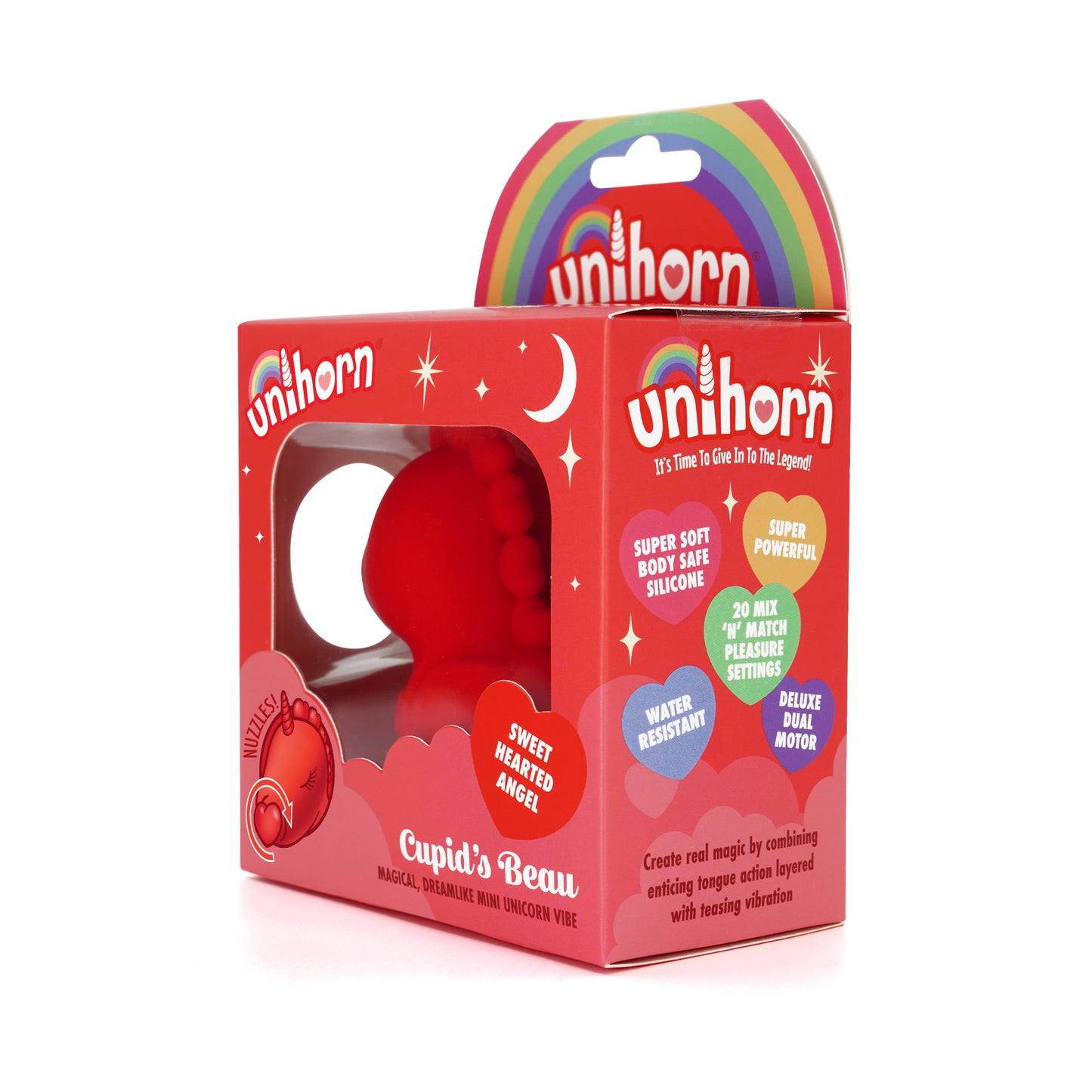Cupid's Beau vibrator in the box, facing slightly to the left to show off the USP's on the side of the box on a white background