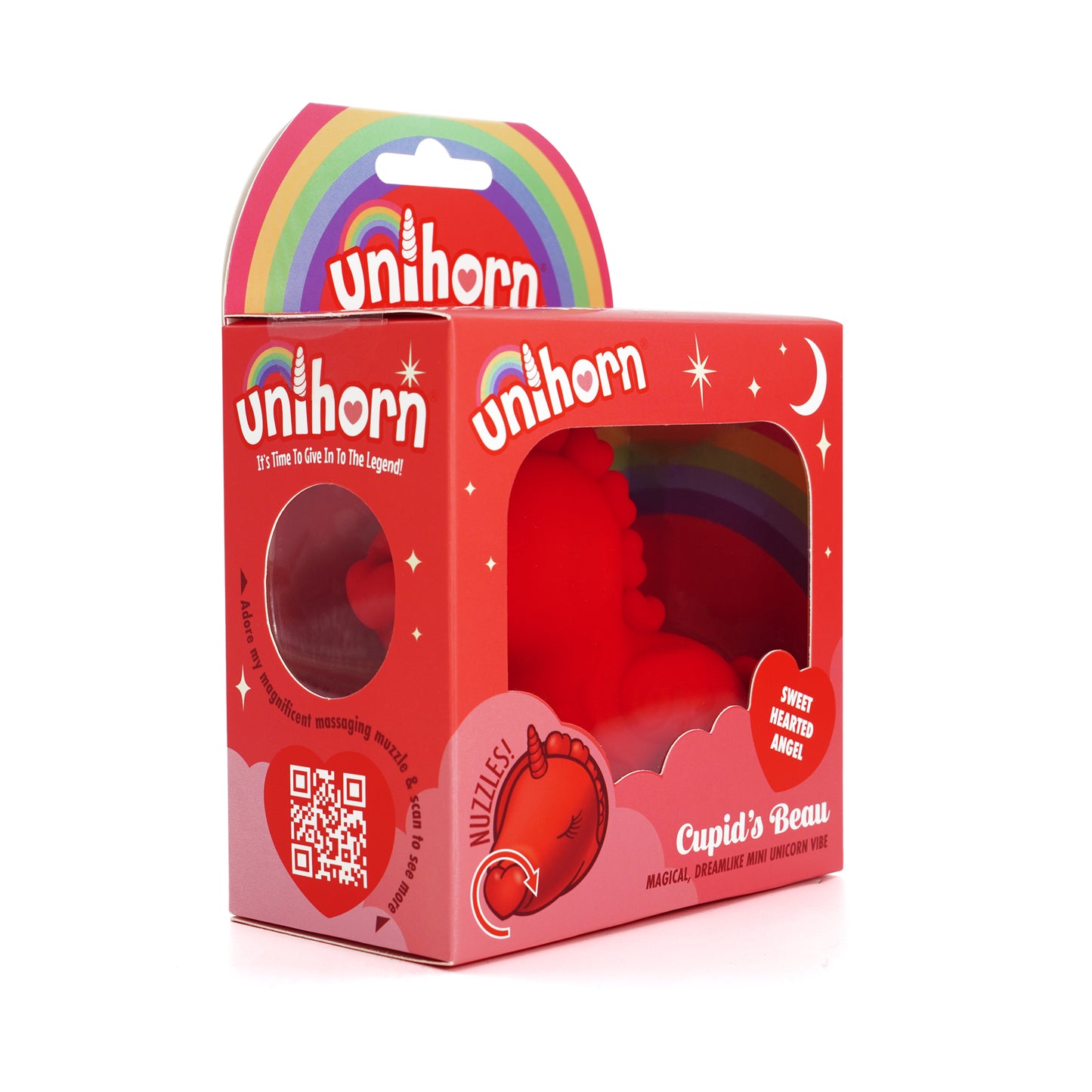 Cupid's Beau Unicorn shaped clitoral vibrator in the box, facing slightly to the right to show off the swirling heart-shaped mouthpiece at the side
