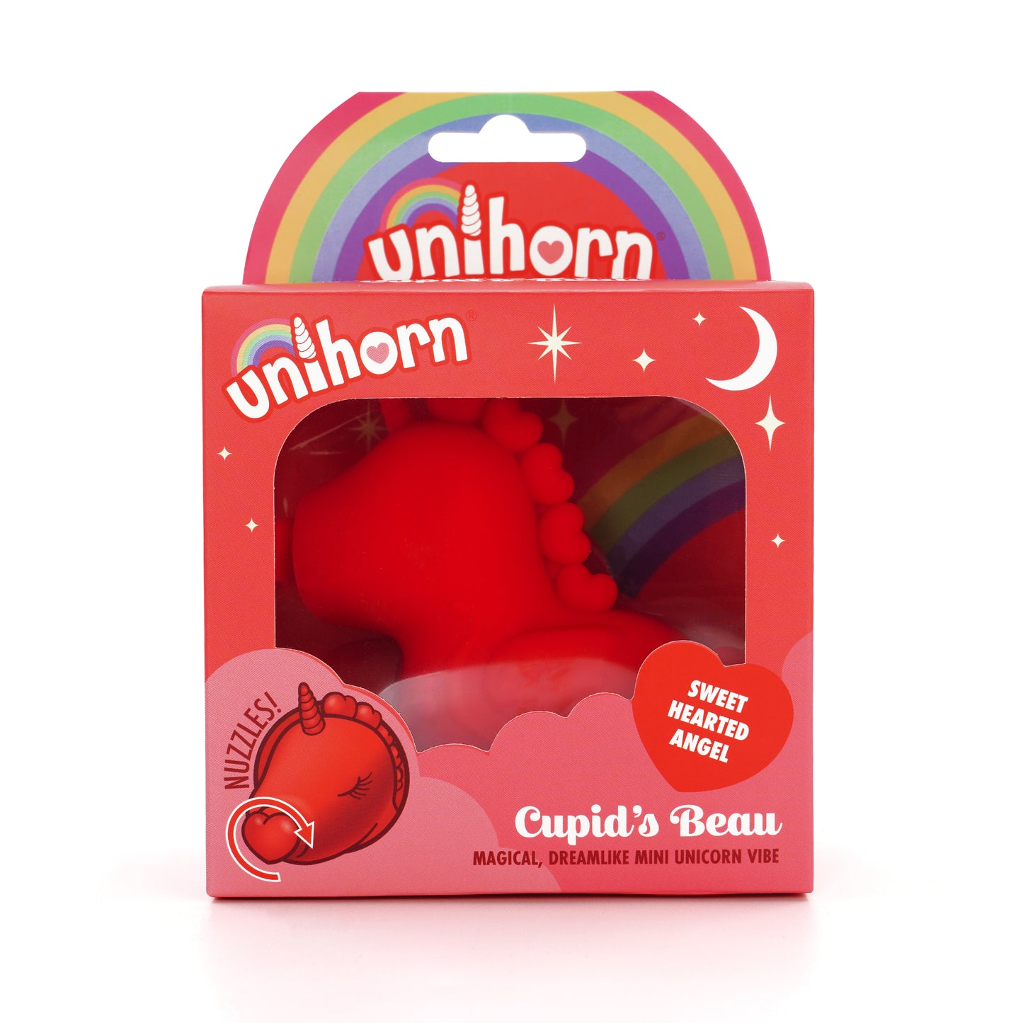 Cupid's Beau Unihorn vibrator in the box with a rainbow hangtag on a white background