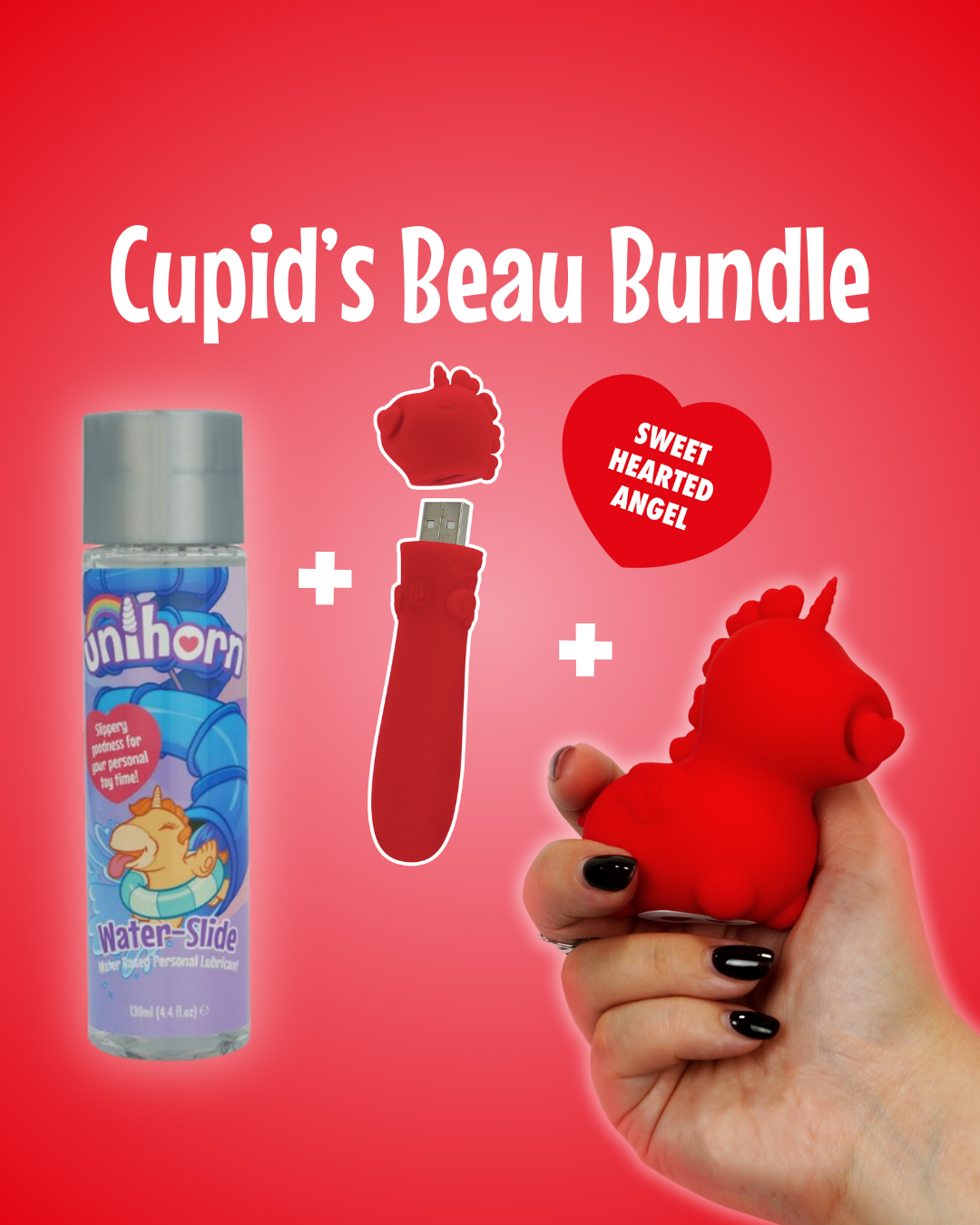 Cupid's Beau Unihorn vibrator bundle poster containing Unihorn lube, Cupid's Beau USB, and Cupid's Beau OG Unihorn on a red background - red heart text "sweet hearted angel"
