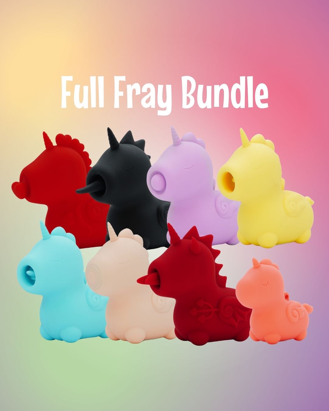 Full Fray Bundle poster on a pastel multicoloured background with the full OG Unihorn collection + the Unihorn mini displayed