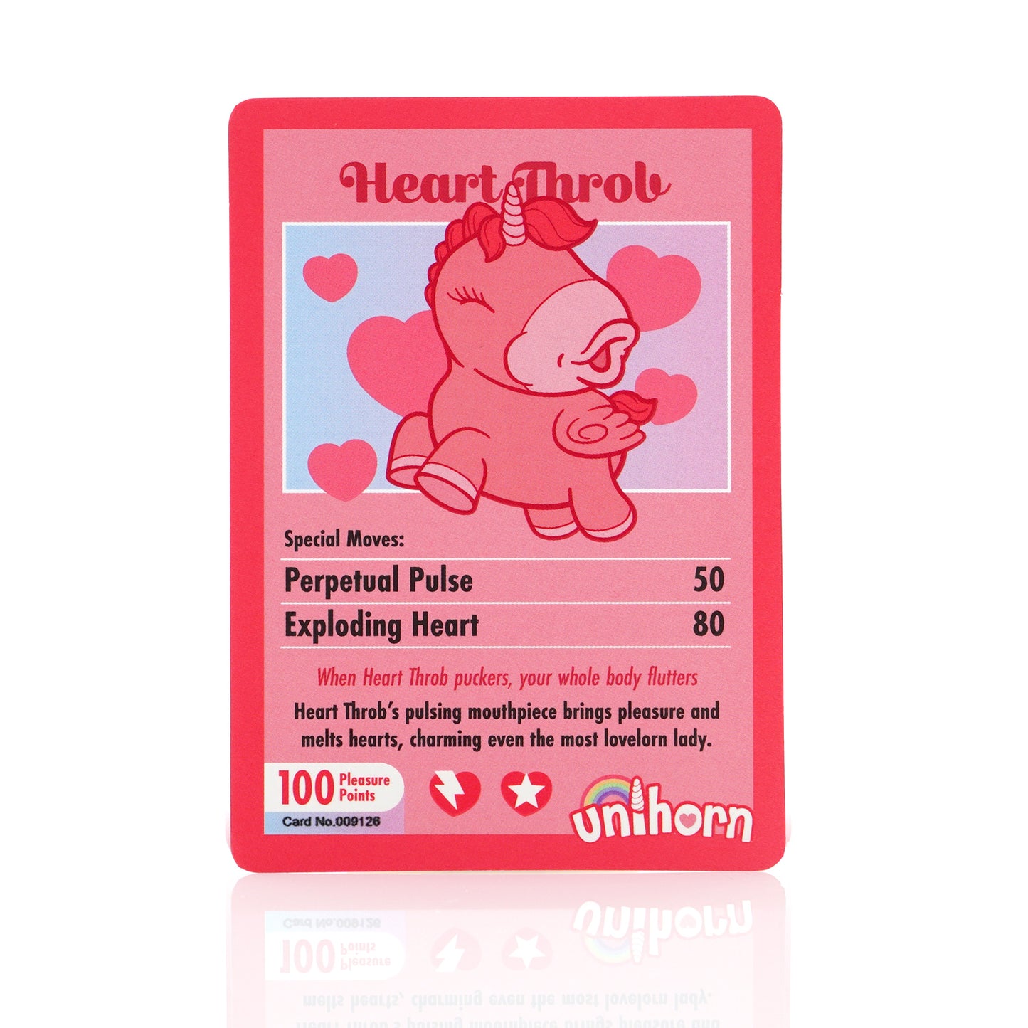Pink Heart Throb collectors card on a white background