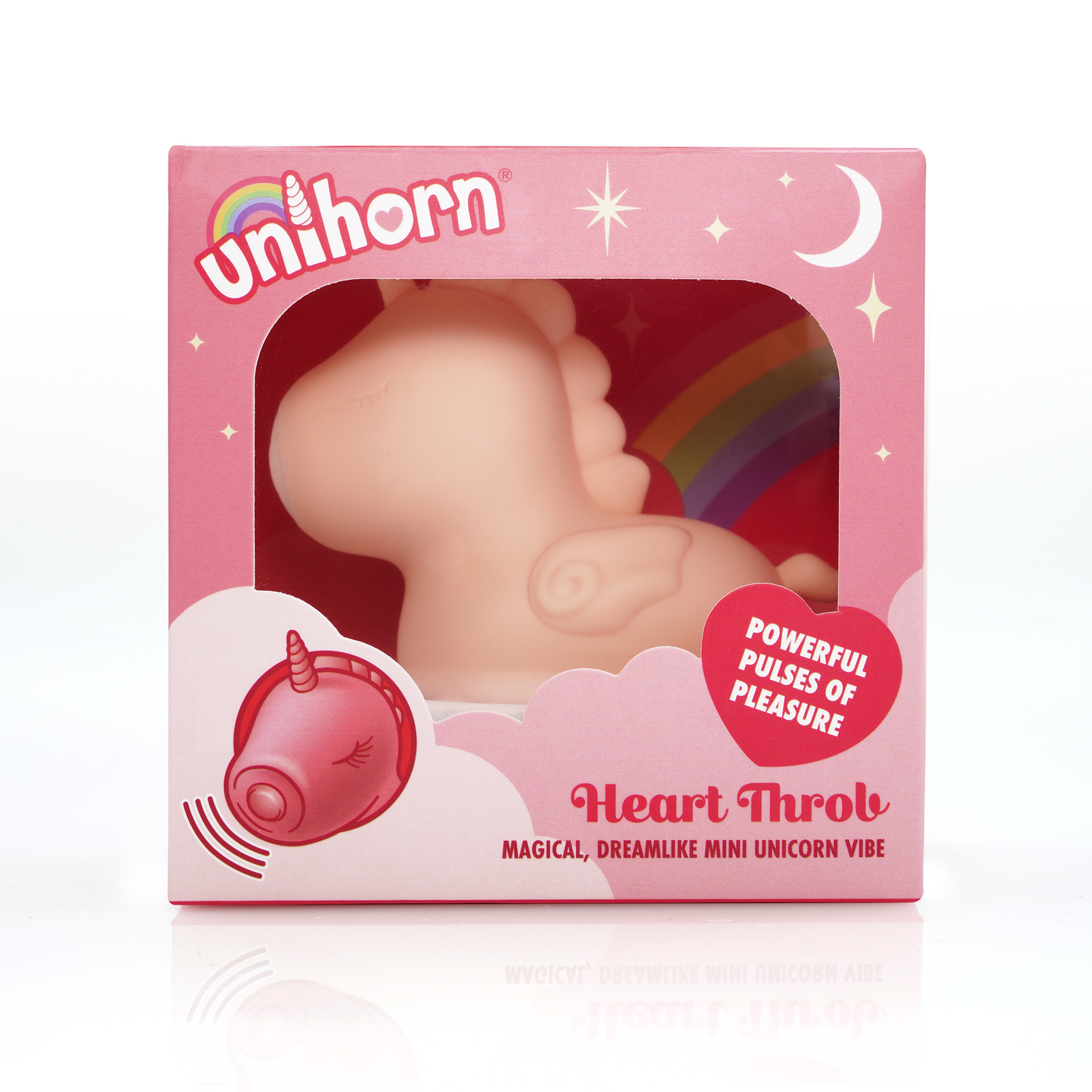 Heart Throb Unihorn vibrator in the box, on a white background