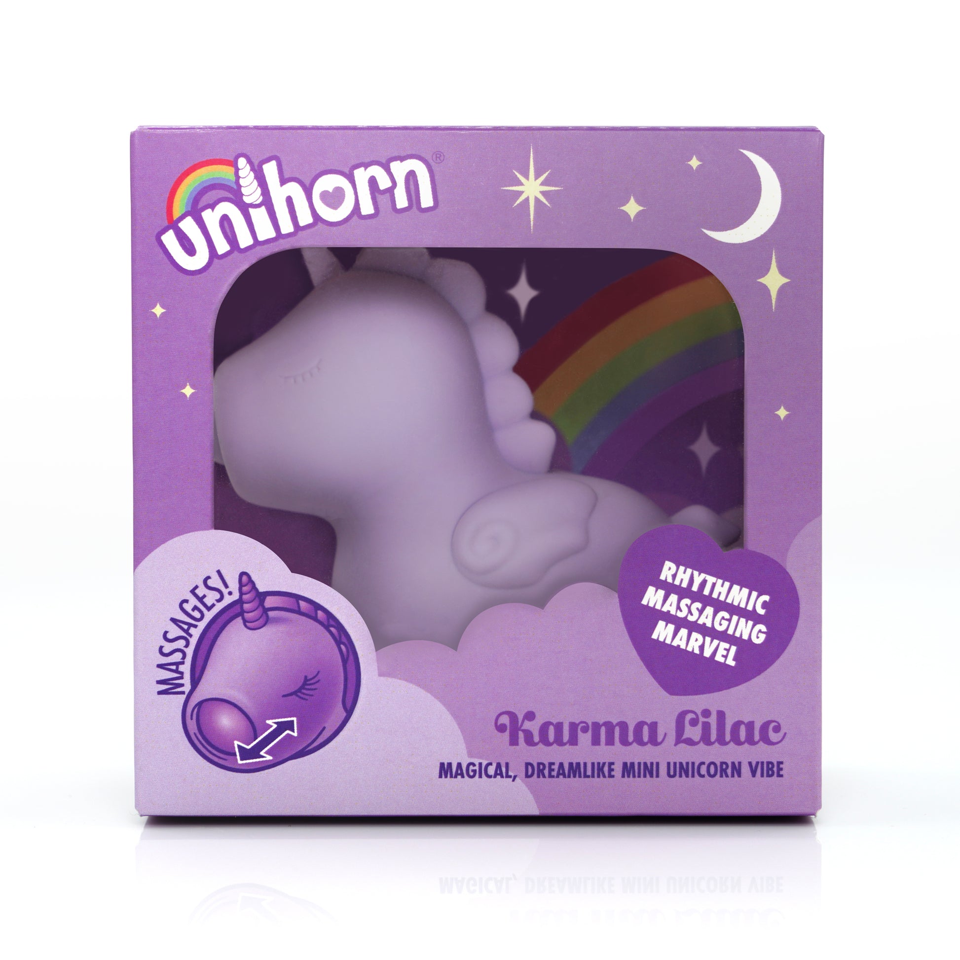 Karma Lilac Unihorn vibrator in the box on a white background