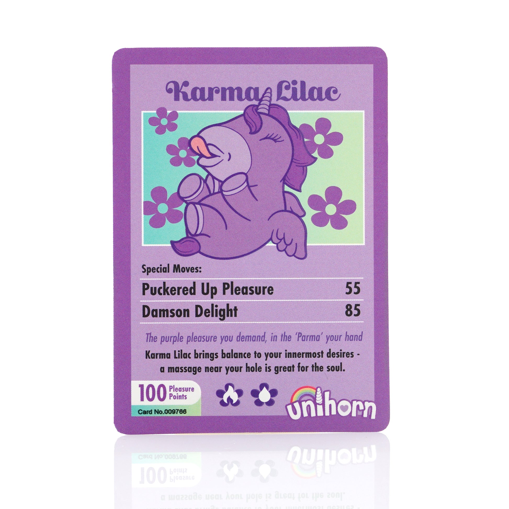 Purple Karma Lilac collectors card on a white background