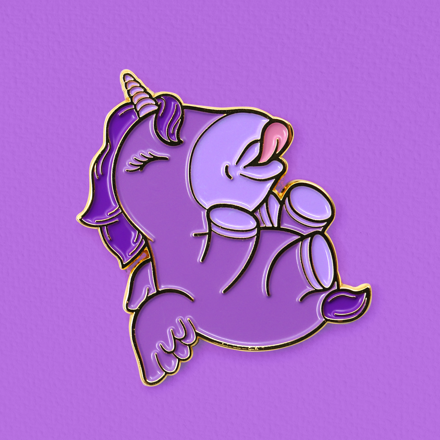 Karma Lilac pin badge on a purple textured background