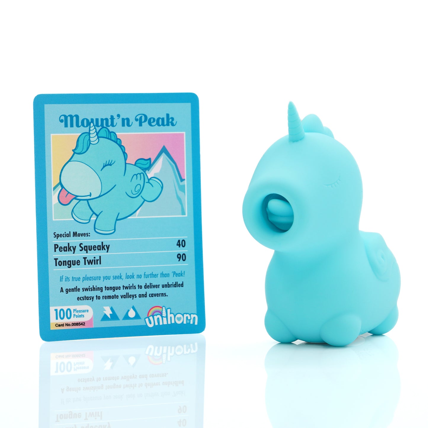 Mount N' Peak blue clitoral vibrator stood next to a blue Mount N' Peak collectors card, on a white background