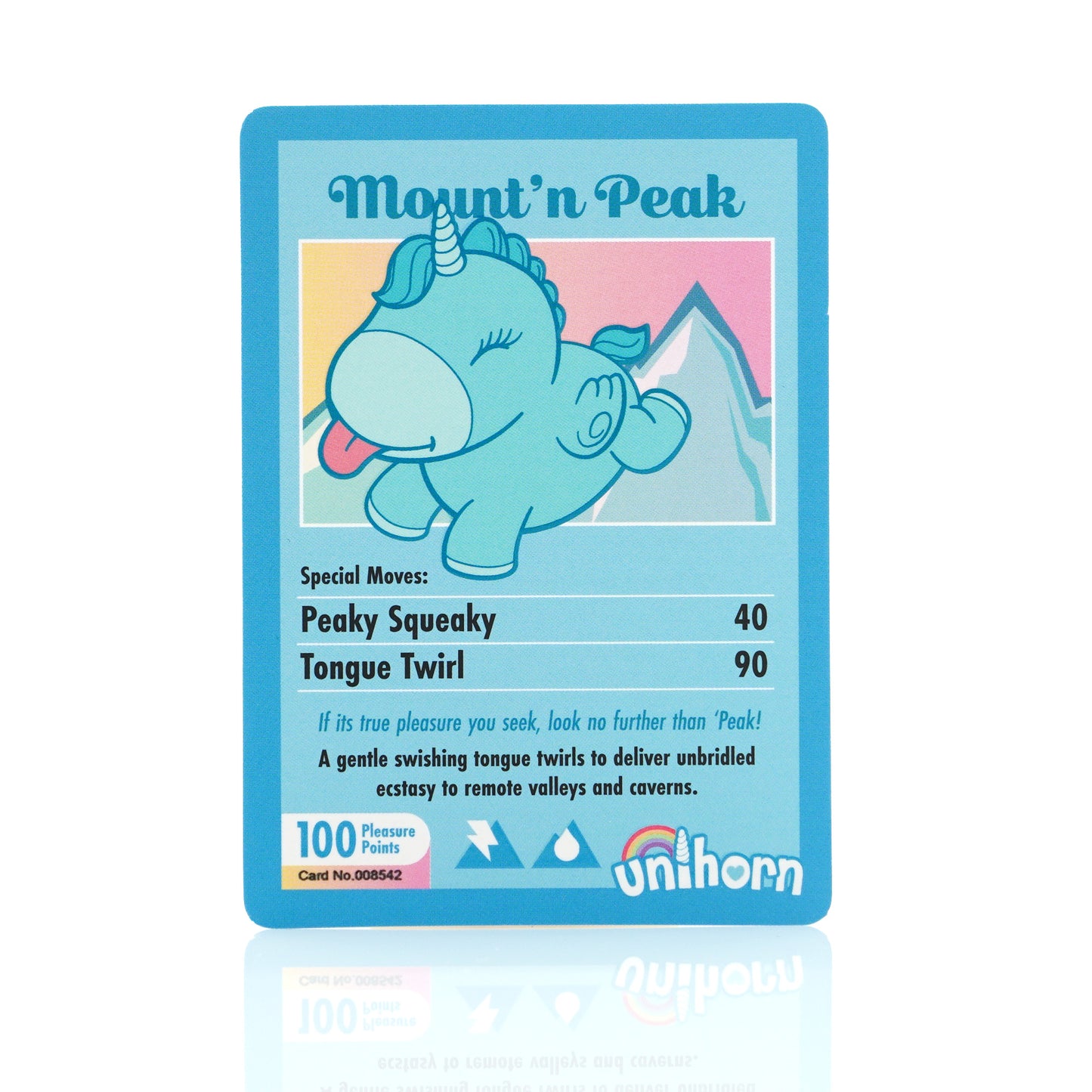 Mount N' Peak blue collectors card on a white background