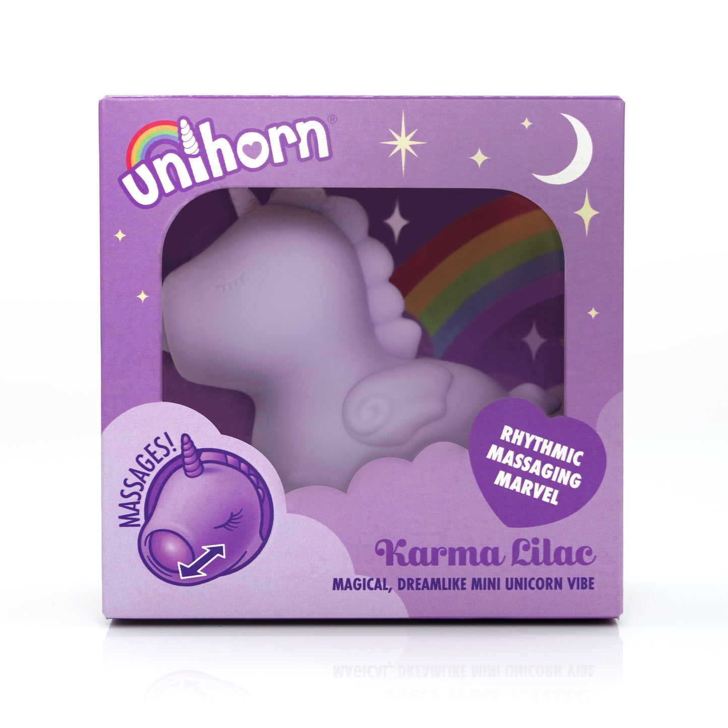 Karma Lilac Unihorn clitoral vibrator in the box on a white background