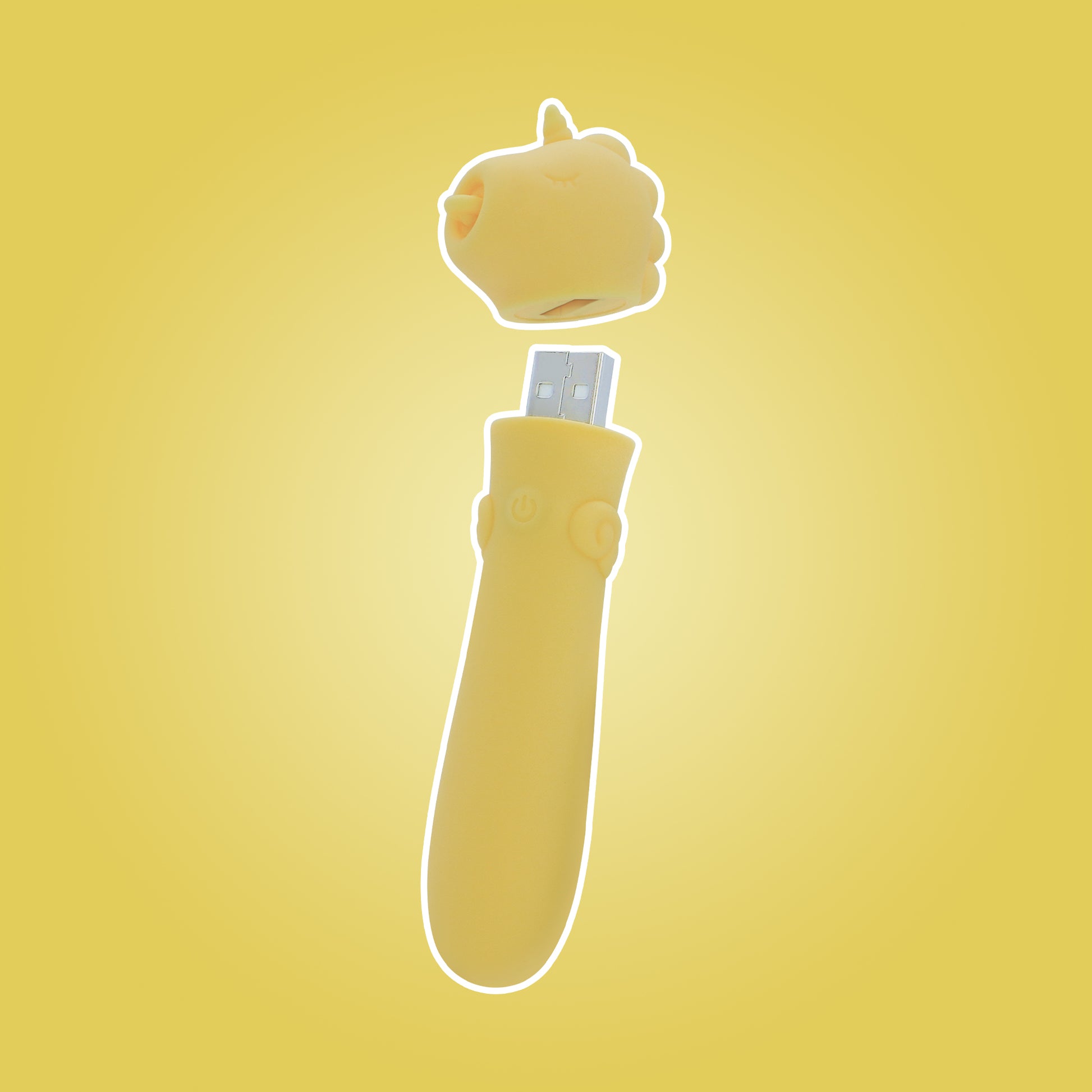 Bean Blossom USB bullet vibrator with a white outline and cap hovering about to reveal the USB on a bright yellow background