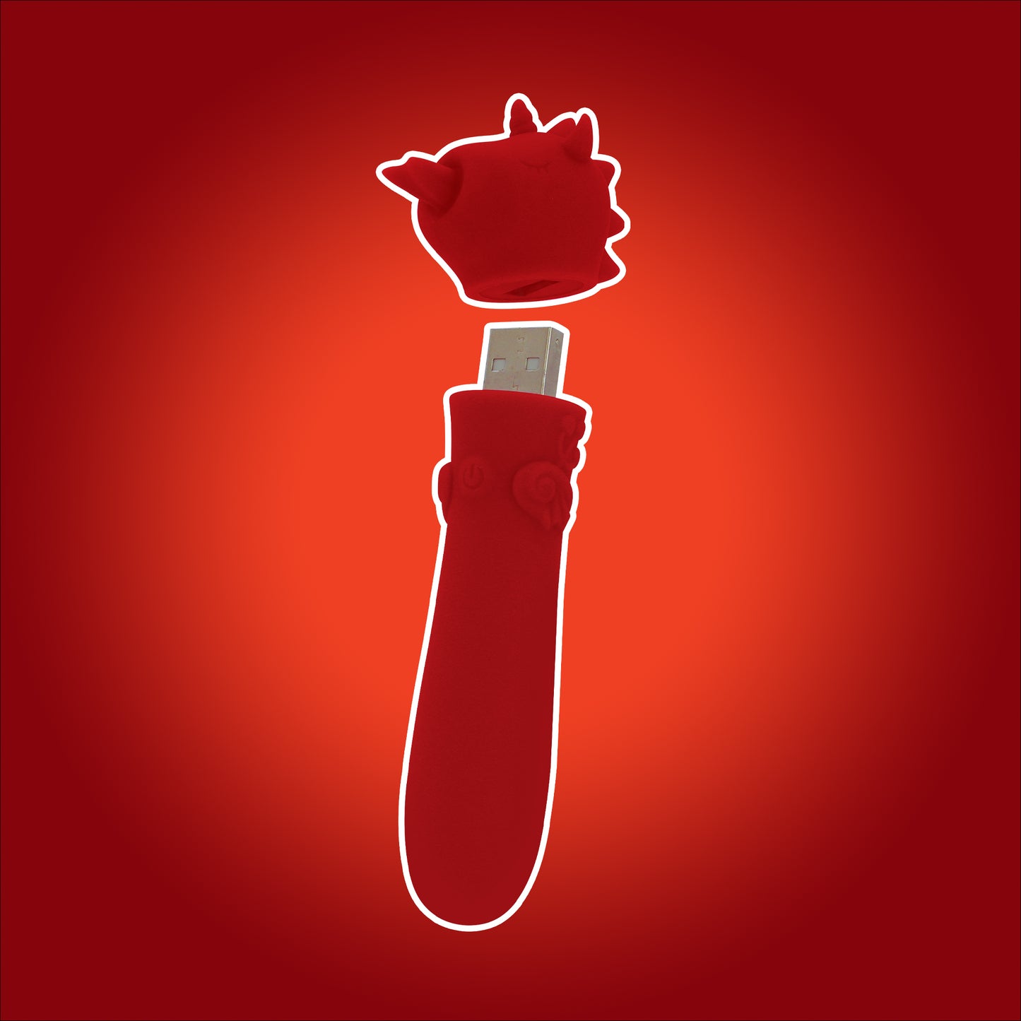 Blaze Diablo USB bullet vibrator with a white outline and the cap hovering above the USB on a dark red background
