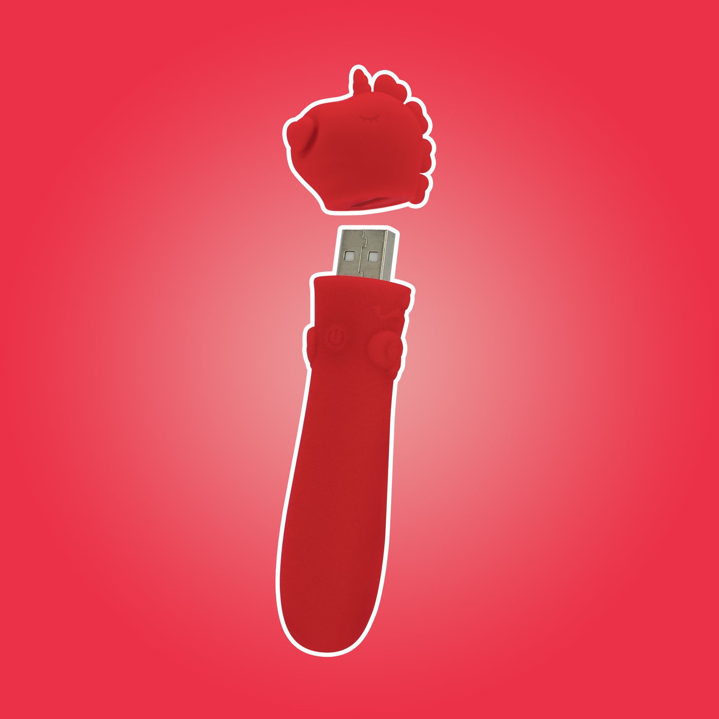 Cupid's Beau bullet vibrator with a white outline and head cap hovering just above to reveal USB on a red/pink background
