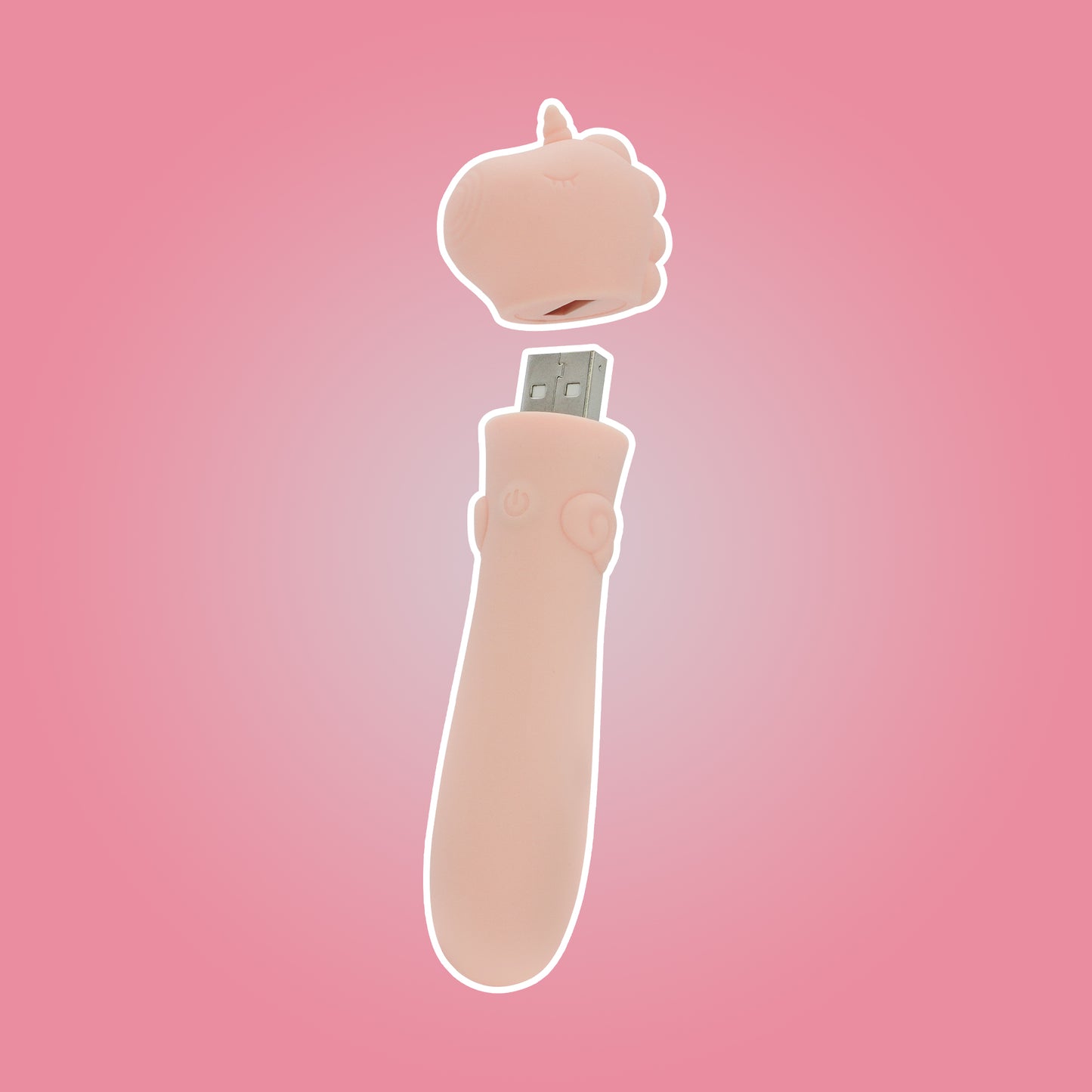 Heart Throb USB bullet vibrator with white outline and cap hovering above on a bright pink background