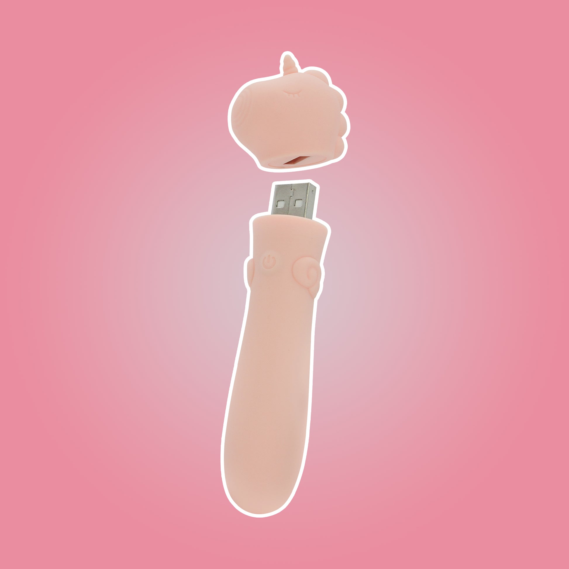 Heart Throb USB bullet vibrator with white outline and cap hovering above on a bright pink background