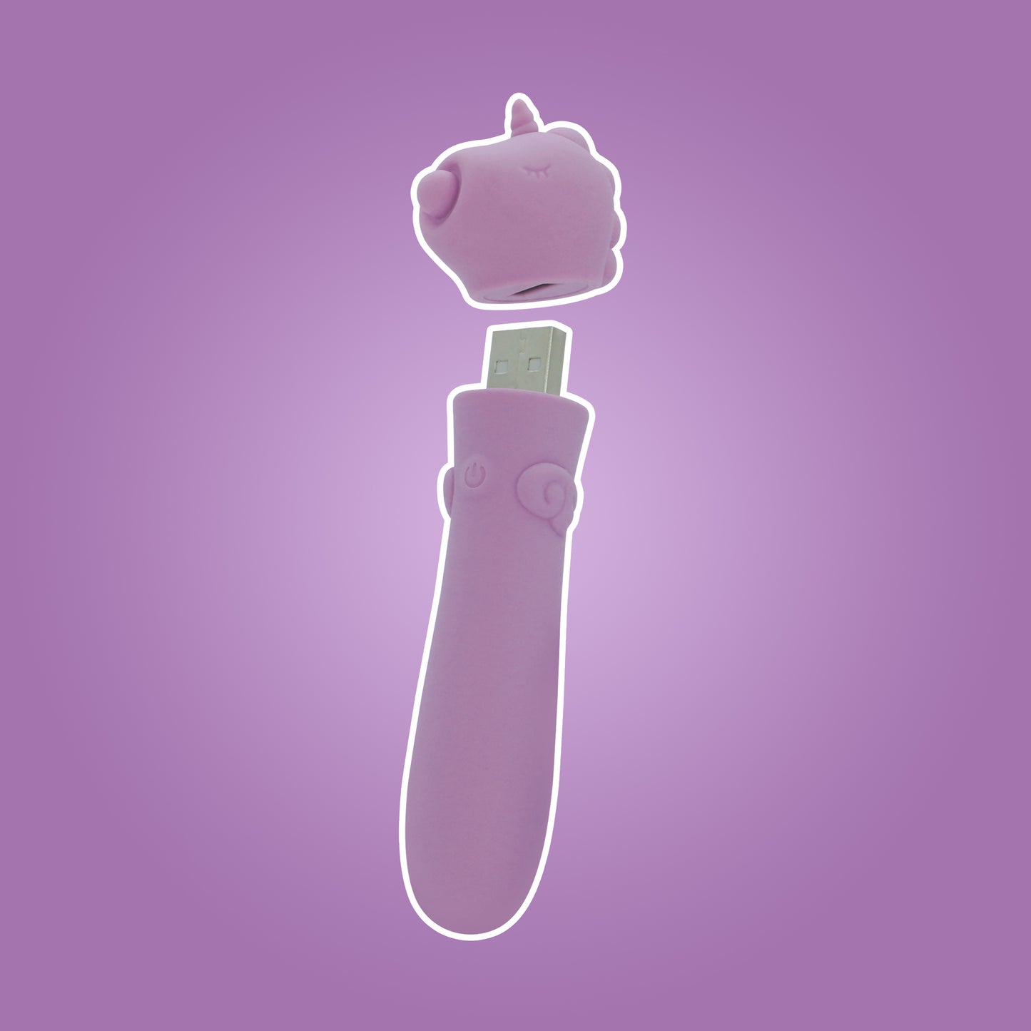 Karma Lilac Unihorn USB bullet vibrator with head cap off to show the USB with a white outline on a purple background