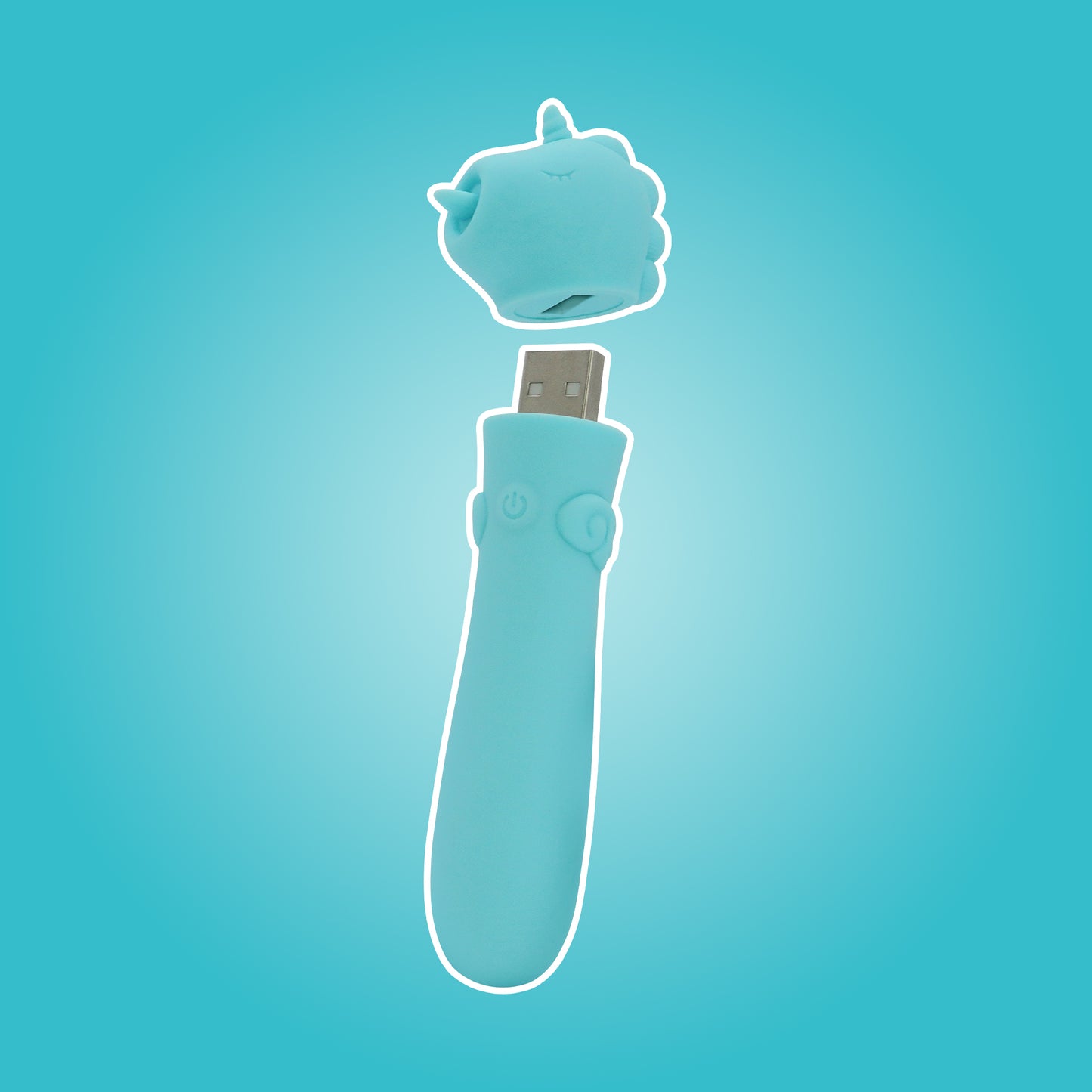 Mount N' Peak bullet vibrator with white outline an cap hovering just above to show USB on a bright blue background