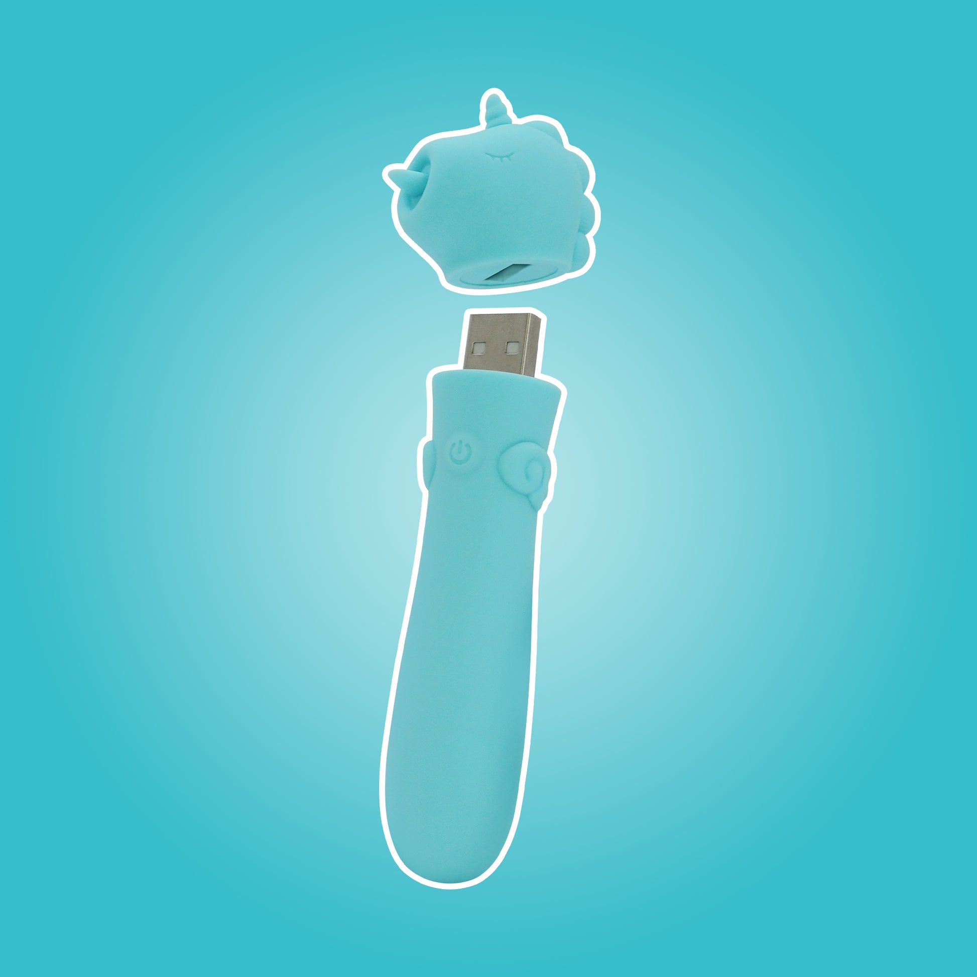 Mount N' Peak bullet vibrator with white outline an cap hovering just above to show USB on a bright blue background