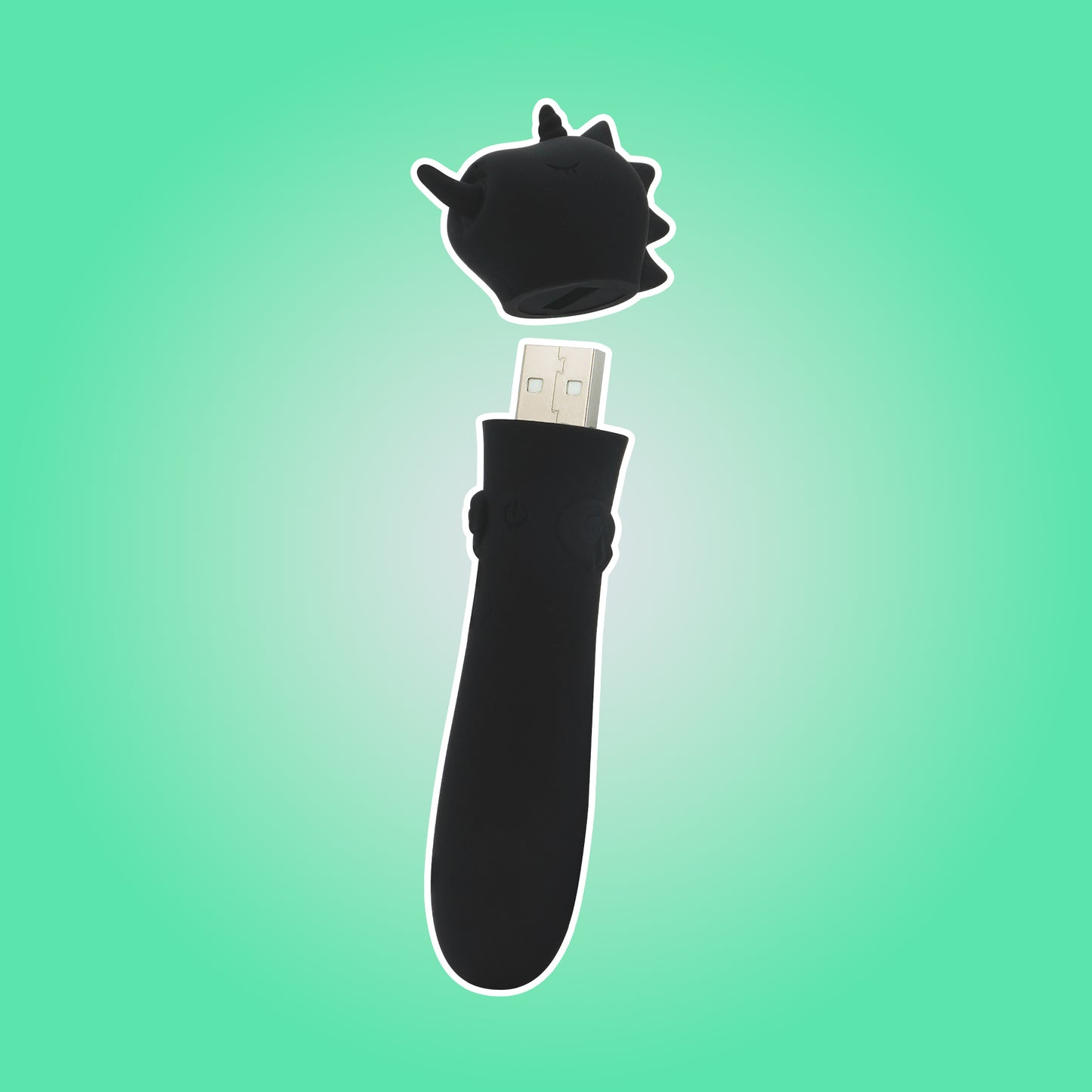 Wild Spirit bullet vibrator with a white outline and the cap off to show the USB on a bright green background
