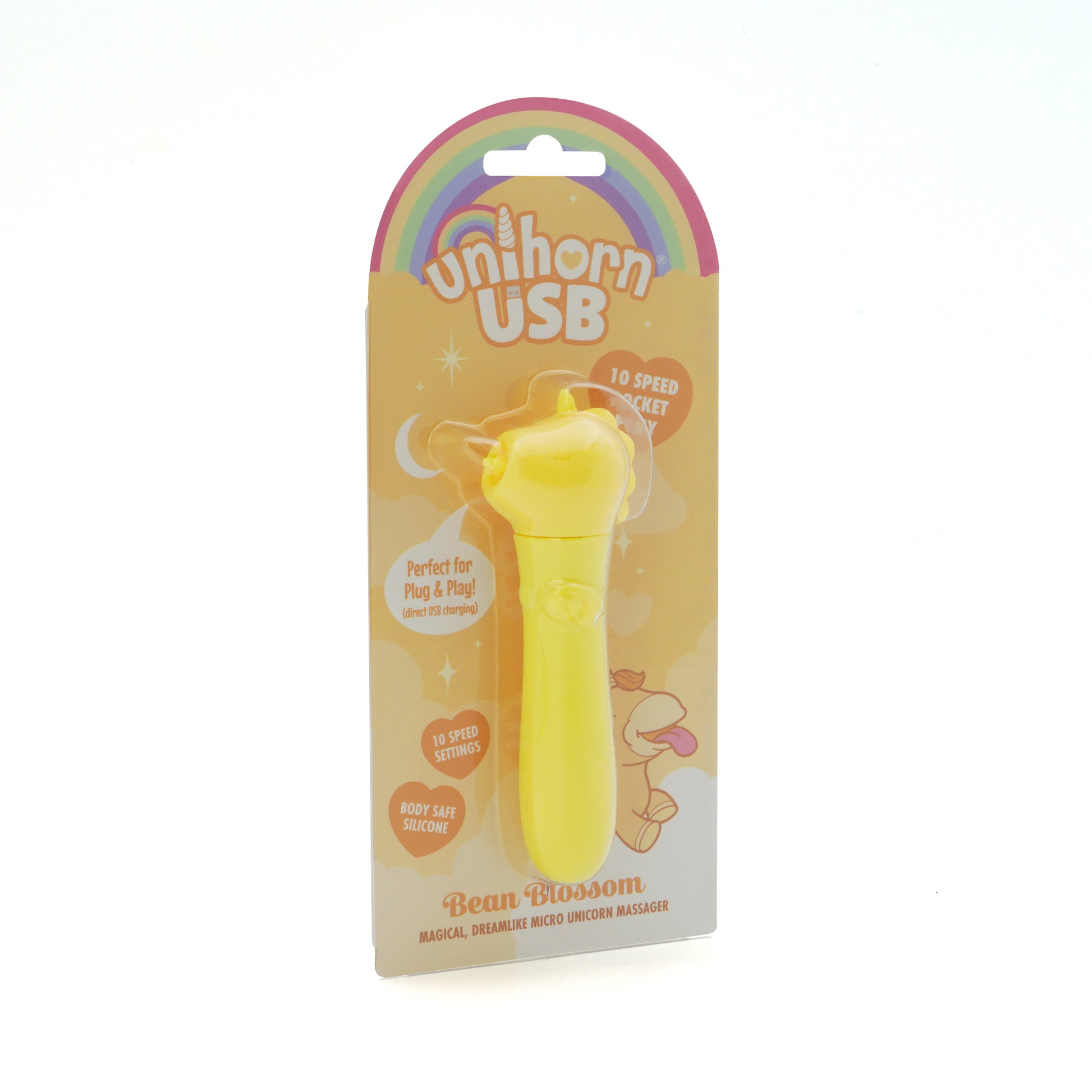 Bean Blossom USB bullet vibrator in the packaging, facing slightly to the right on a white background