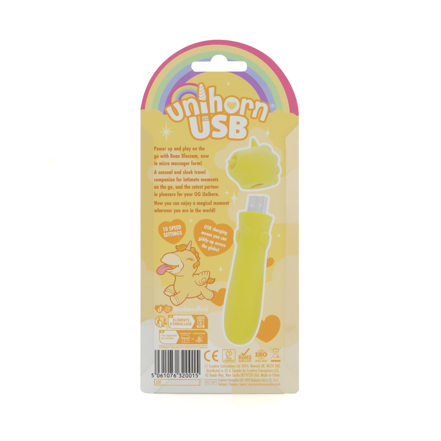 Back of Bean Blossom USB bullet vibrator packaging, on a white background