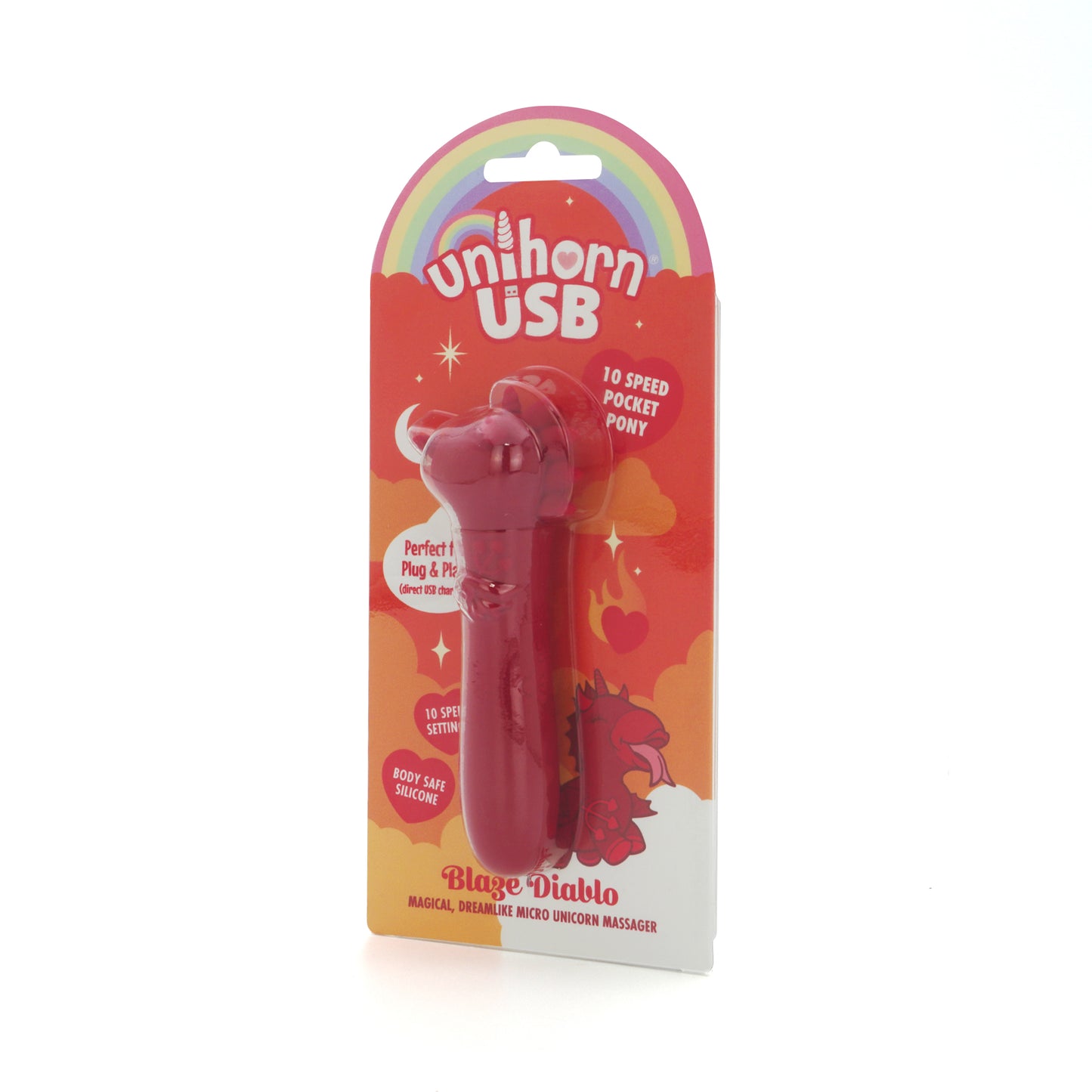 Blaze Diablo USB bullet vibrator in packaging, facing slightly left, on a white background