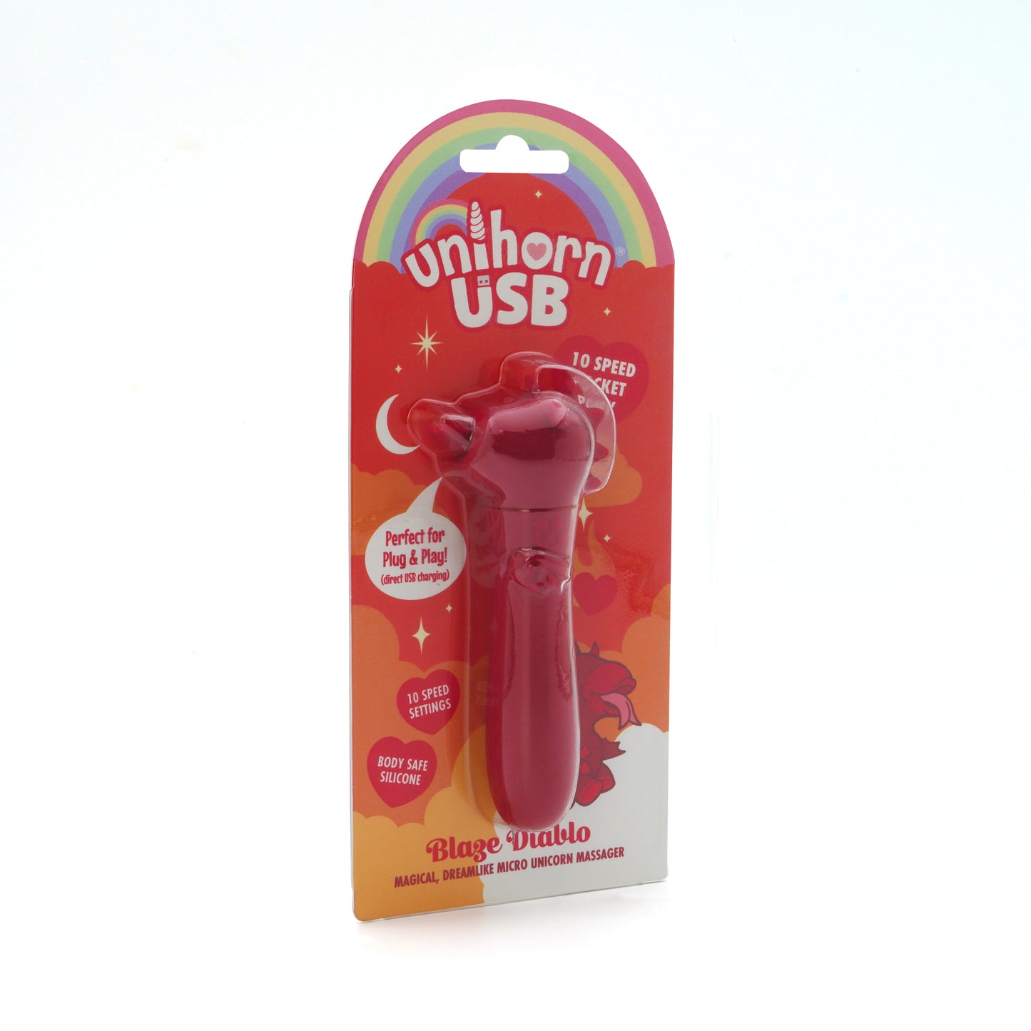 Blaze Diablo USB bullet vibrator in packaging, facing slightly right, on a white background