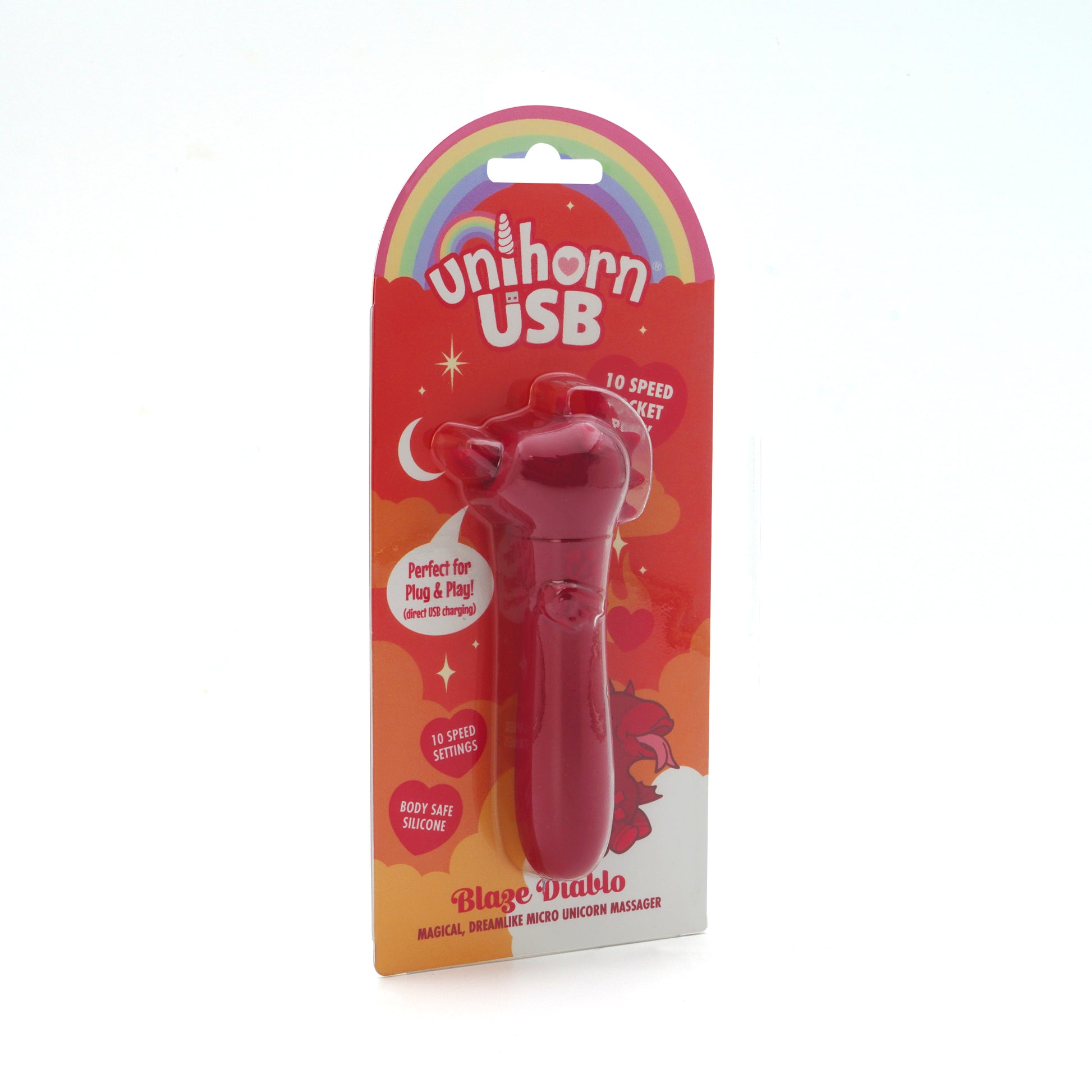 Blaze Diablo USB bullet vibrator in packaging, facing slightly right, on a white background
