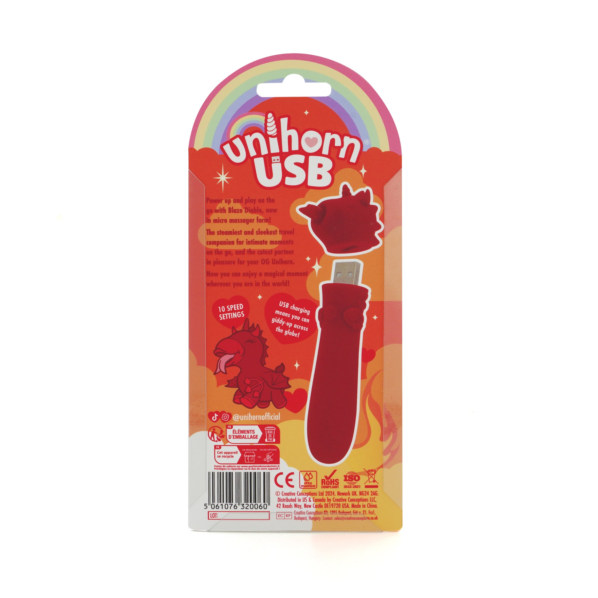 Back of Blaze Diablo USB bullet vibrator packaging, on a white background