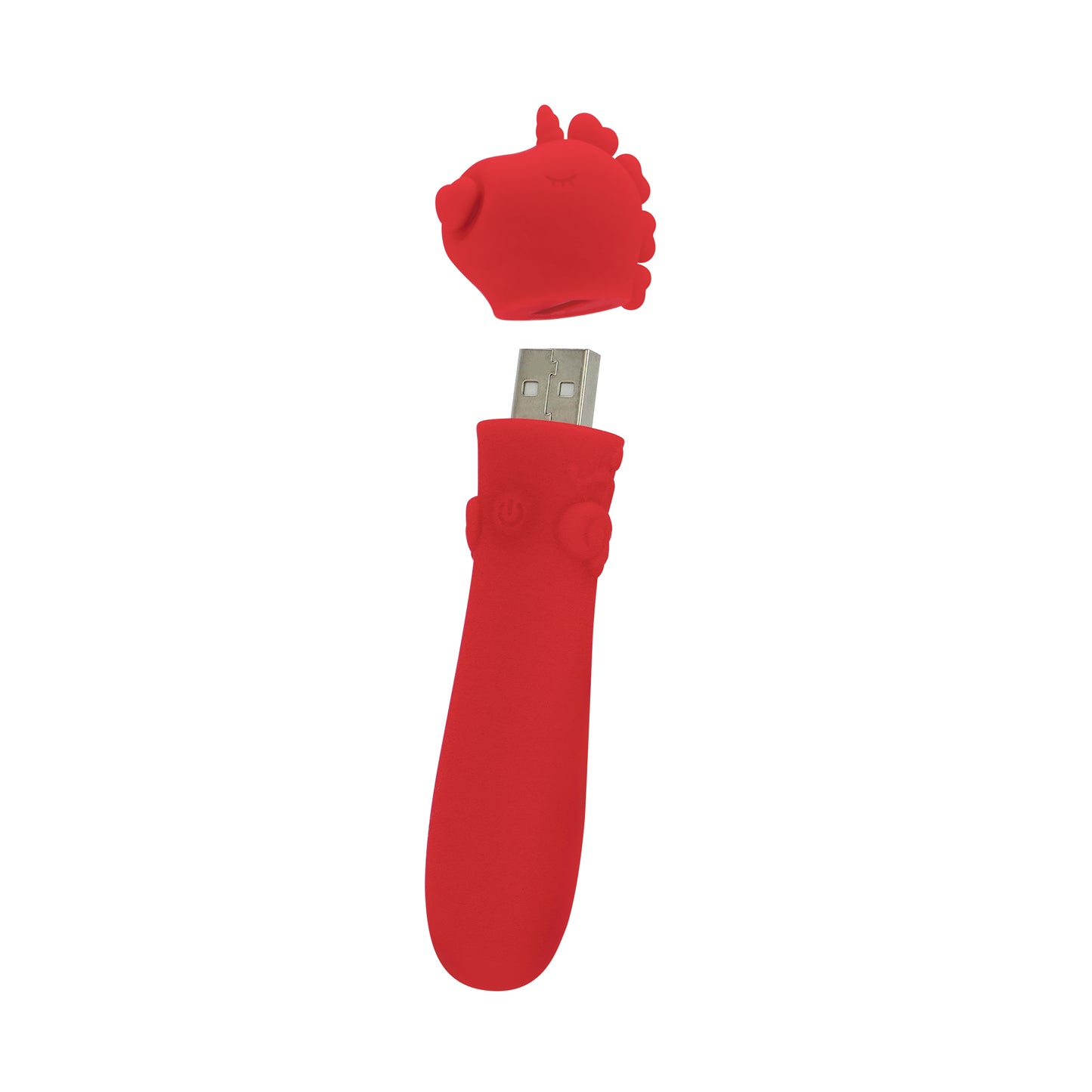 Cupid's Beau USB bullet vibrator with the head cap hovering slightly about to show the USB, on a white background