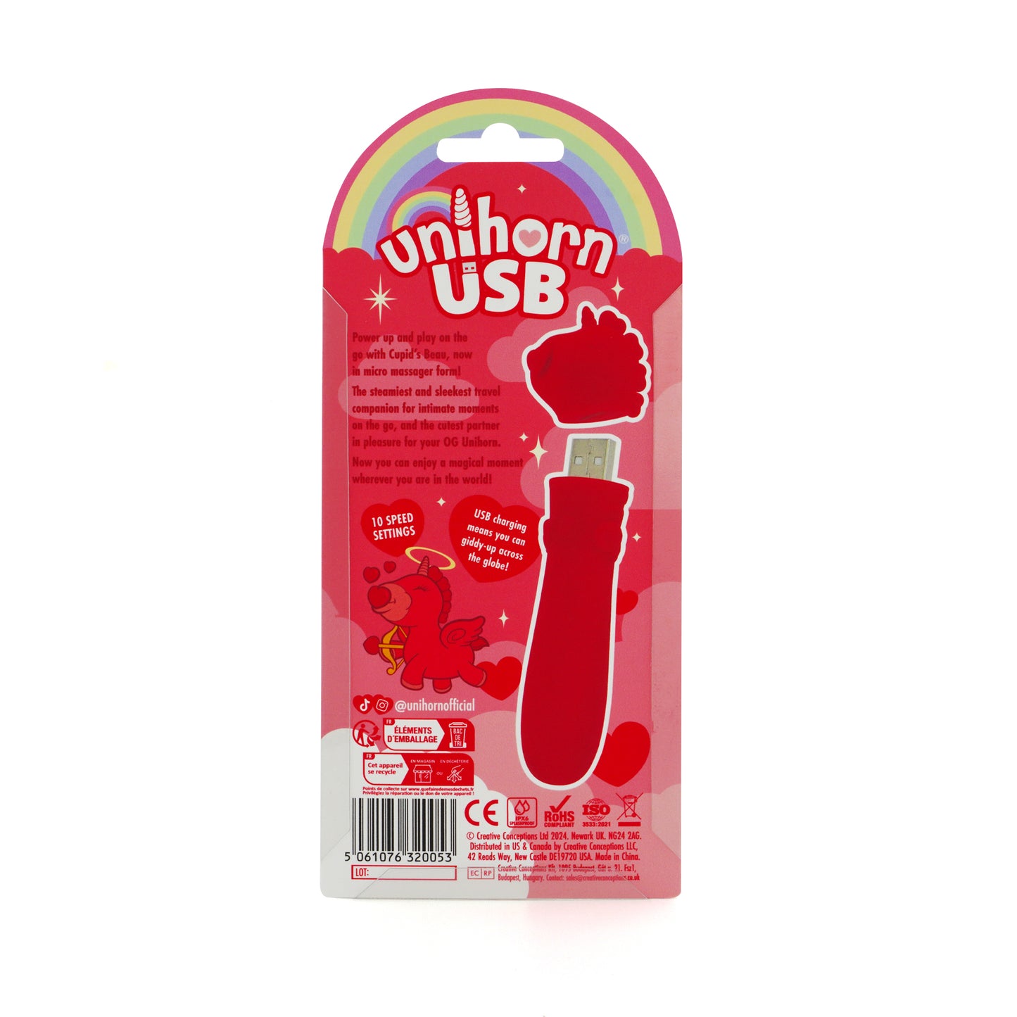 Back of Cupid's Beau bullet vibrator packaging on a white background