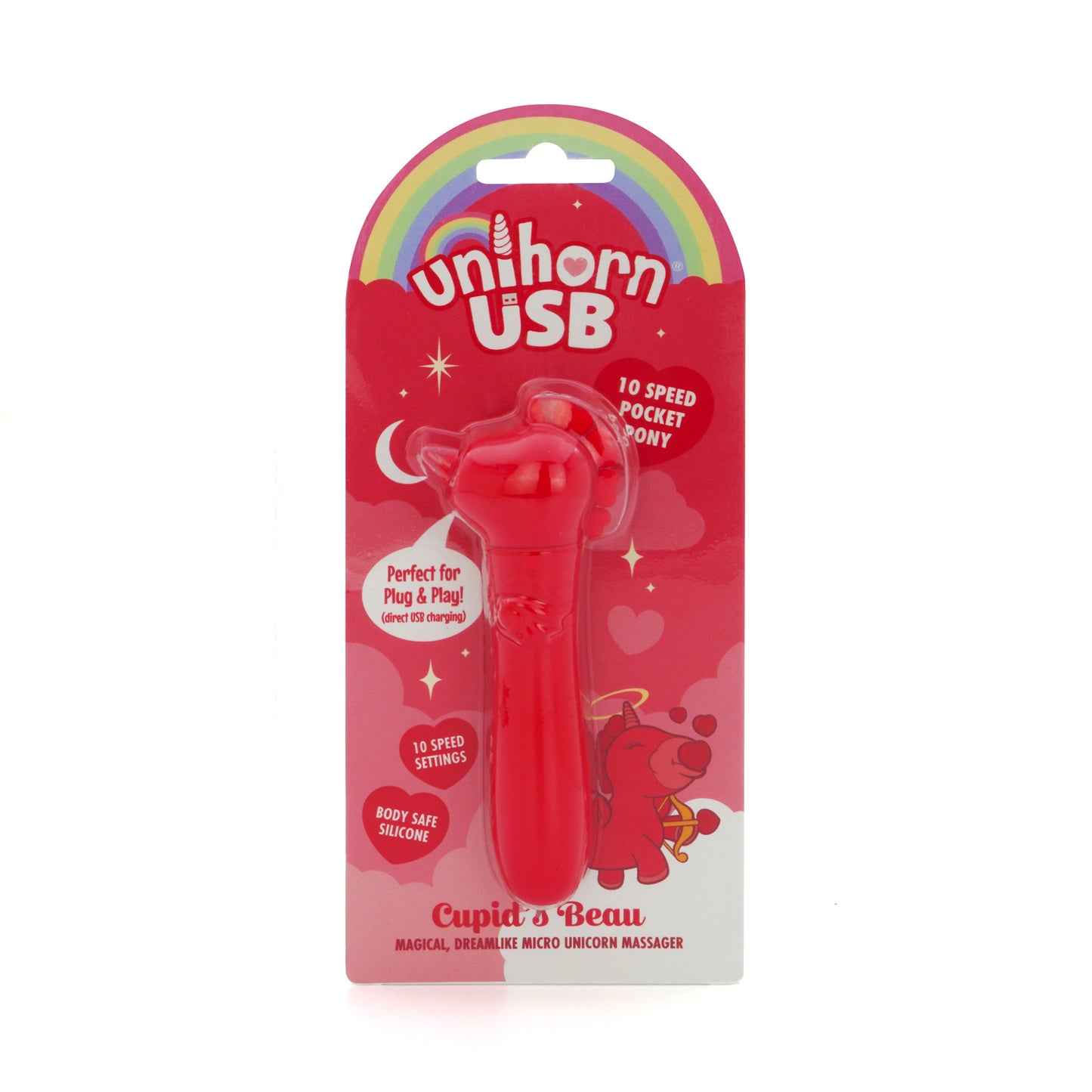 Cupid's Beau USB bullet vibrator in packaging on a white background