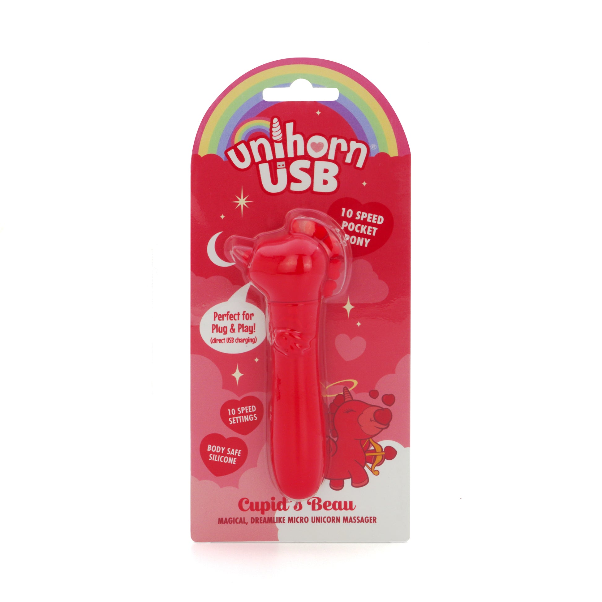 Cupid's Beau USB bullet vibrator in packaging on a white background